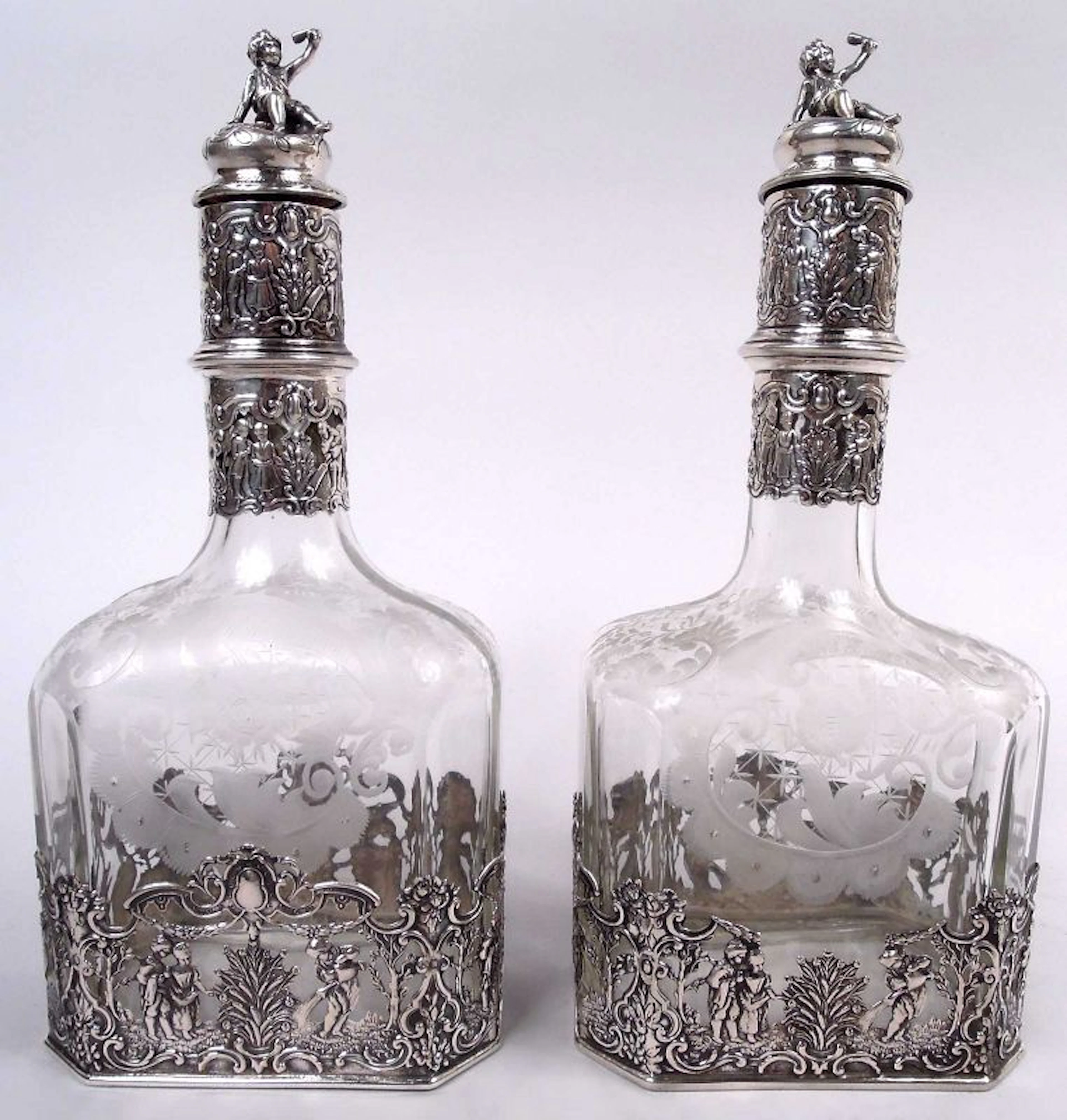 Pair of Antique German Hanau Rococo Silver & Glass Decanters