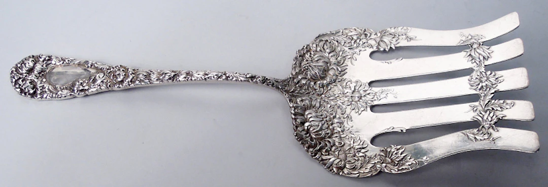 Antique Durgin Chrysanthemum Sterling Silver Asparagus Serving Fork