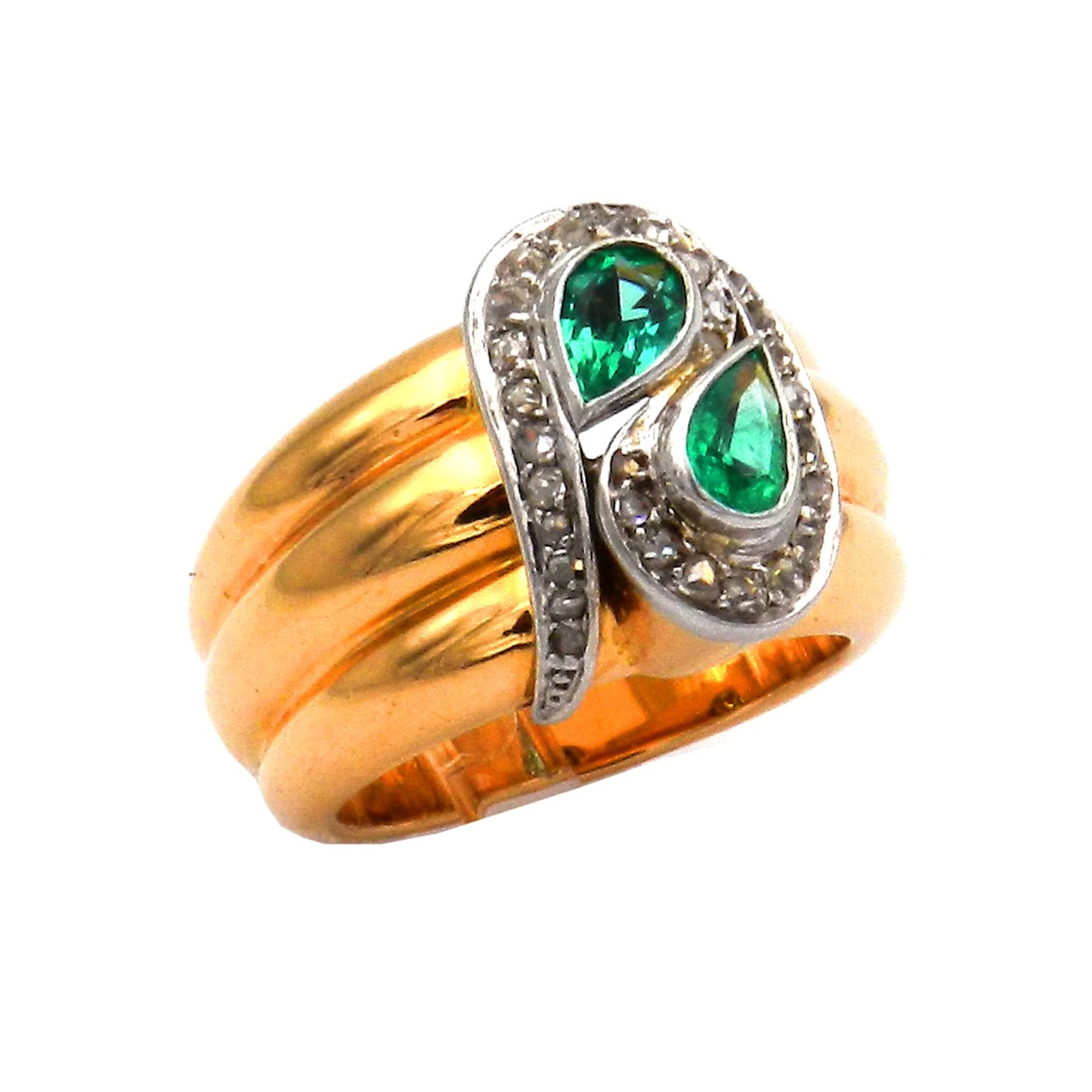 Antiker Smaragd Diamant Ring als Schlangenring in 18K Gold Paris um 1930