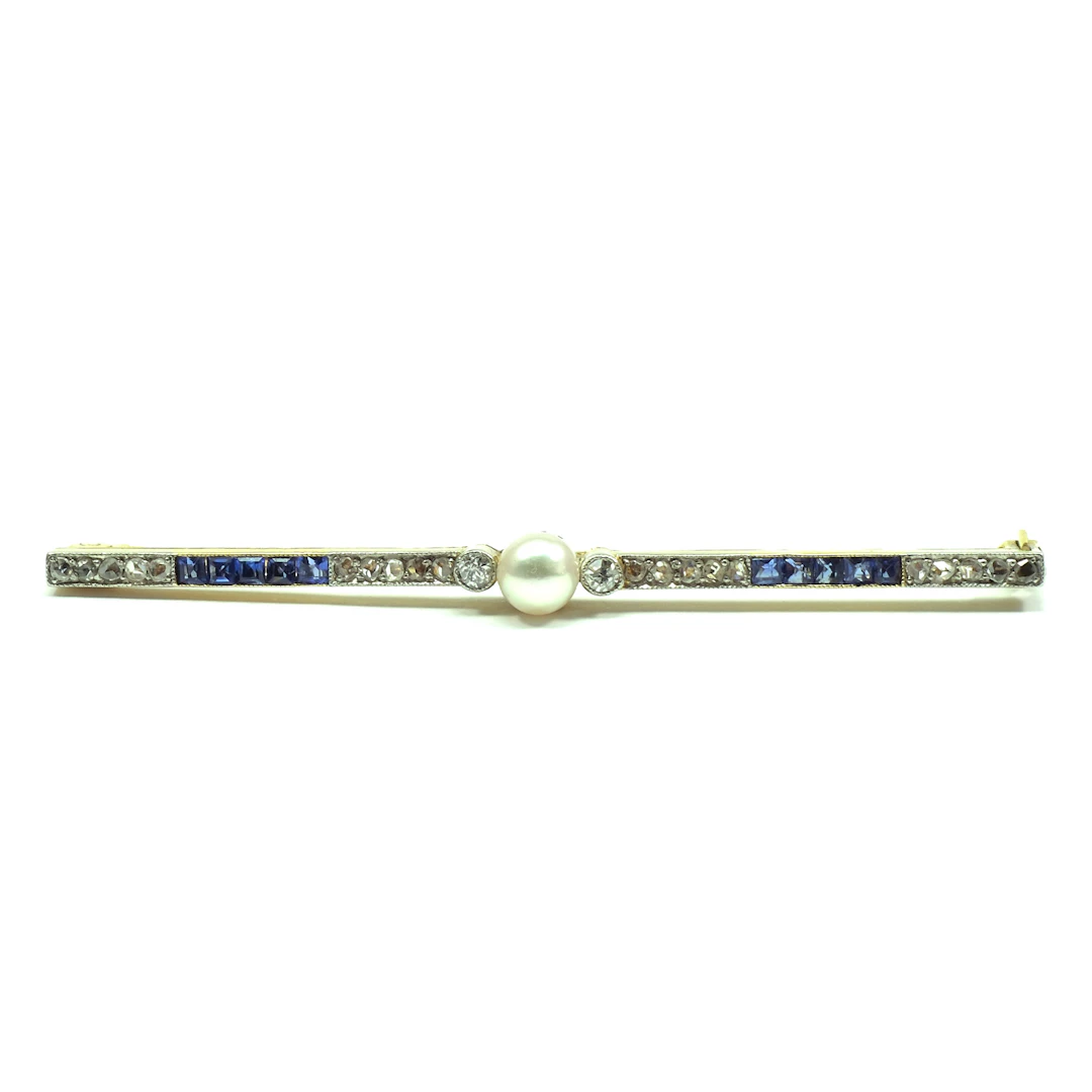 Art Deco Brosche / Nadel mit Perle, Saphiren und 0,14 ct Diamanten, um 1920