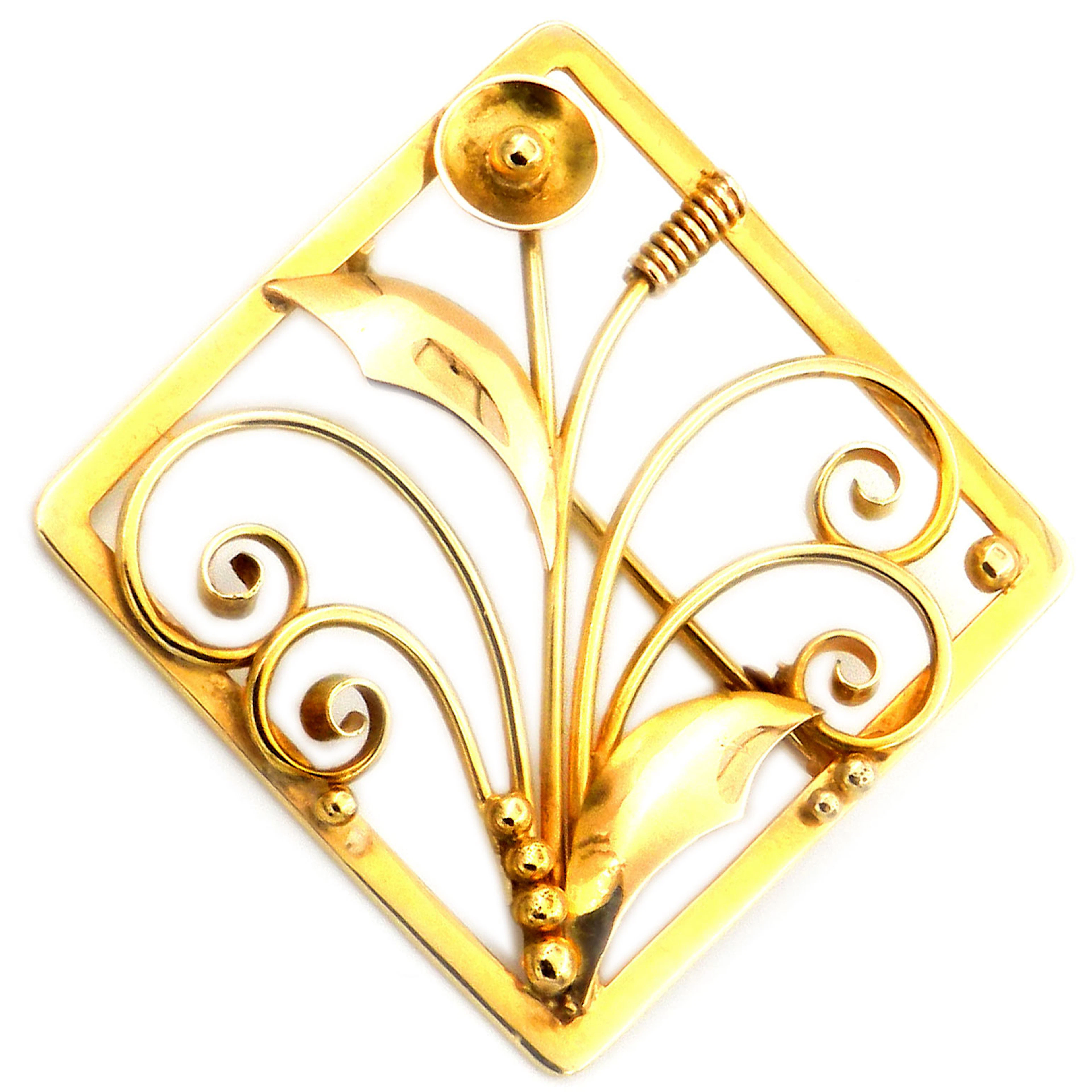 Art Deco Gold Brosche mit filigranem Blattwerk und Granulationen, um 1930