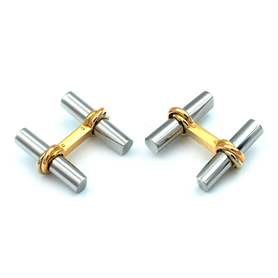 Cartier Trinity Manschettenknöpfe 750 Gold mit Stäbchen aus Acier