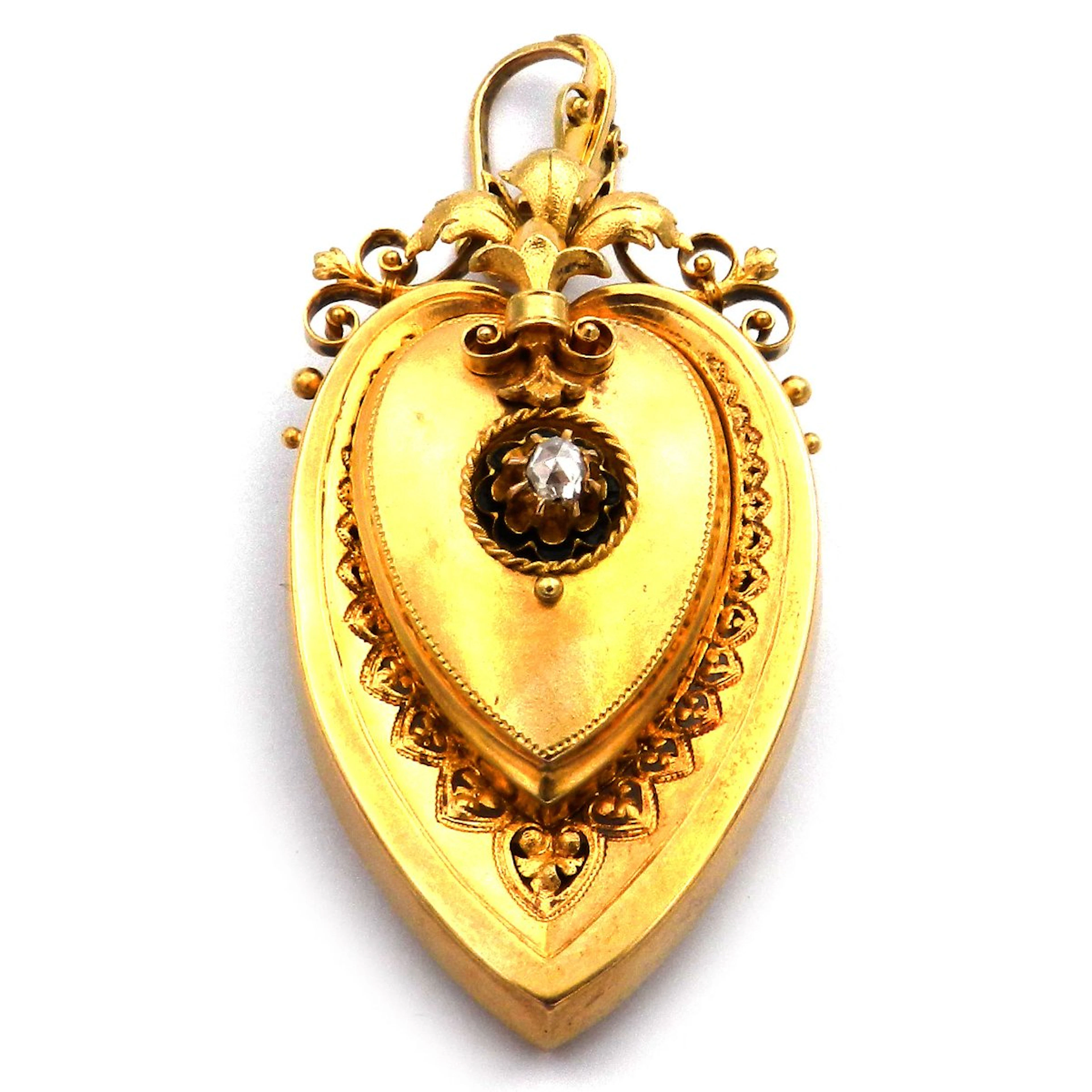 Biedermeier Medaillon Anhänger / Brosche mit Diamant in Gold, um 1880