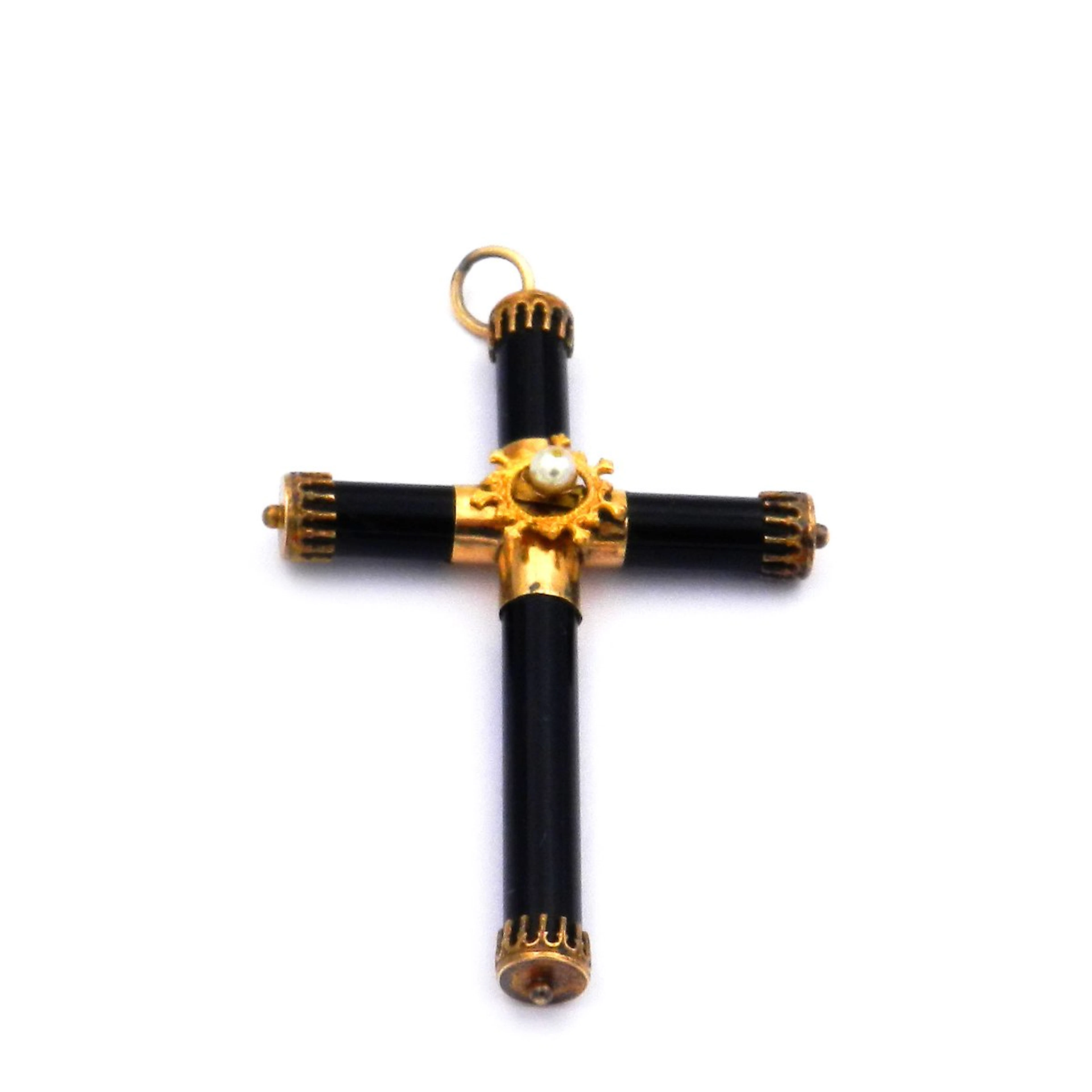 Antiker Kreuz Anhänger aus Onyx & 14K Gold, um 1860