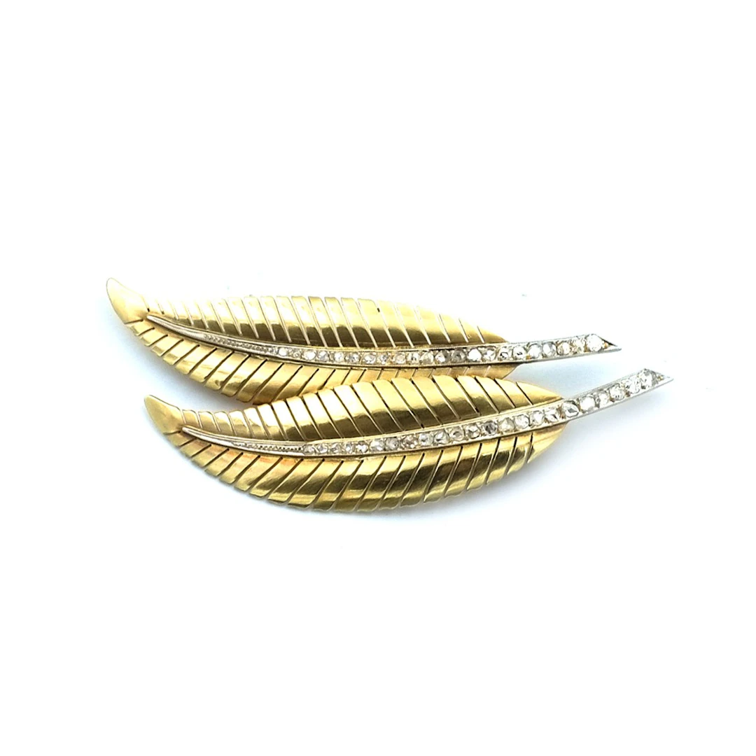 Art Deco Diamant Brosche als Blatt in 14K Gold und Platin um 1930