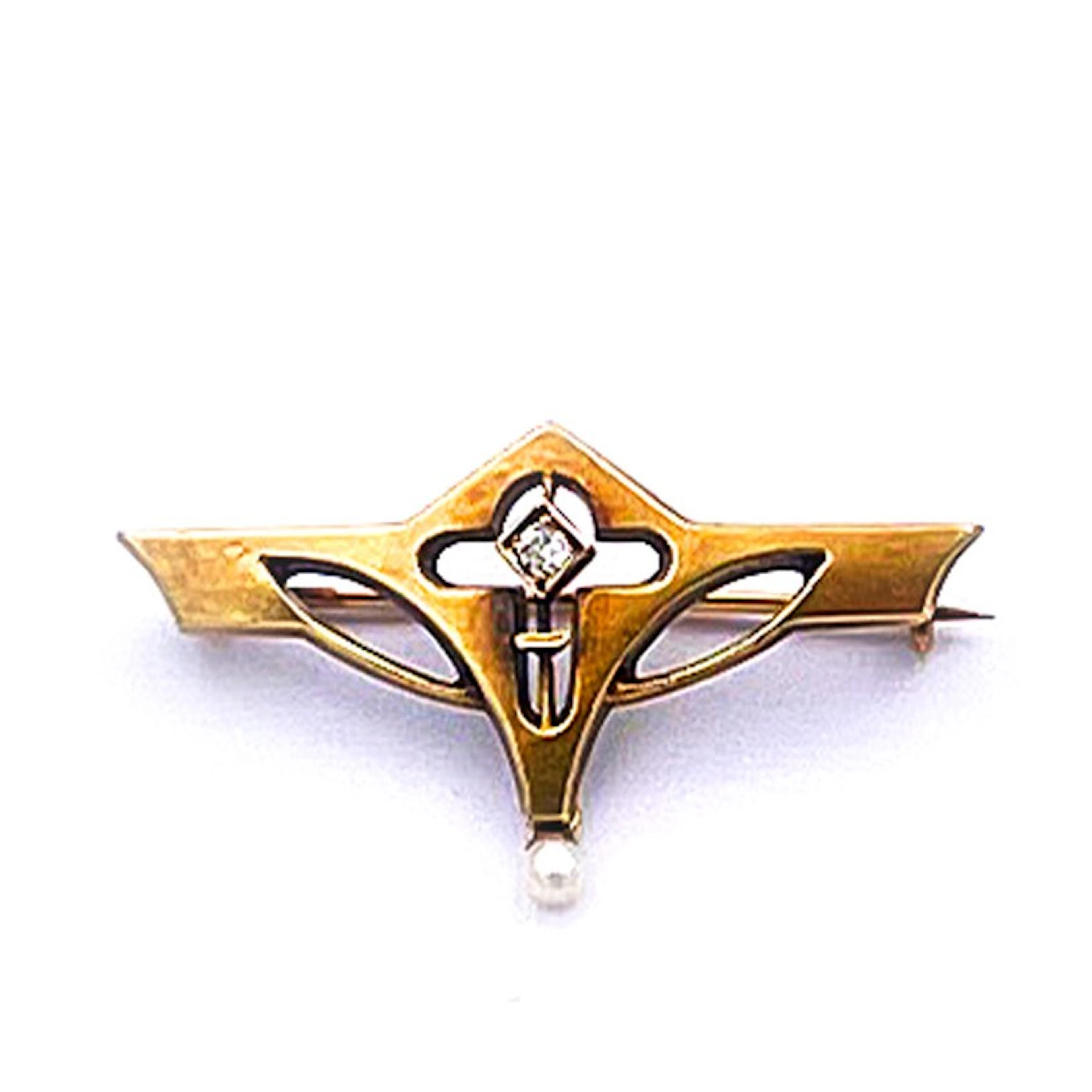 Jugendstil Gold Brosche mit Diamant und Orientperle in 14K Gold Wilhelm
