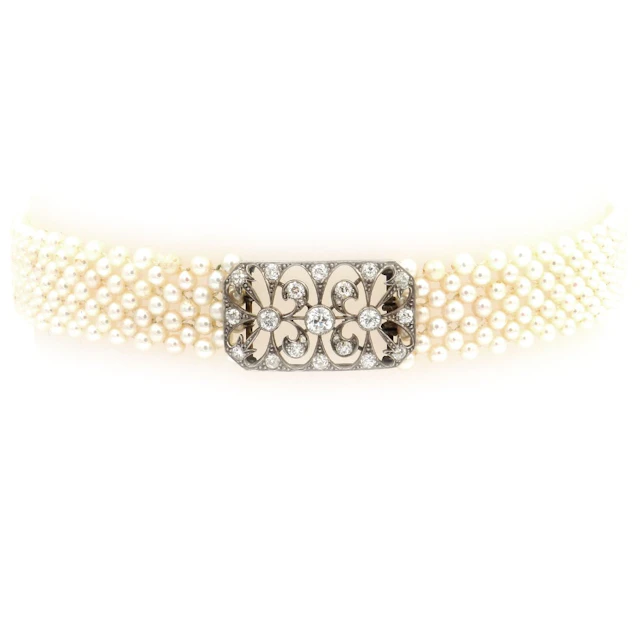 Art Deco Perl Diamant Collier de Chien – Perlen Choker mit 2.3 ct