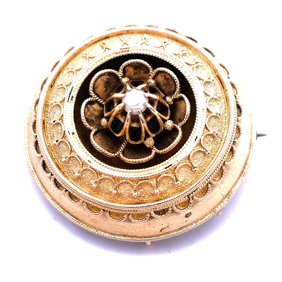 Antike 14K Gold Brosche Filigrandraht im Etruskischen Stil, Idar Oberstein