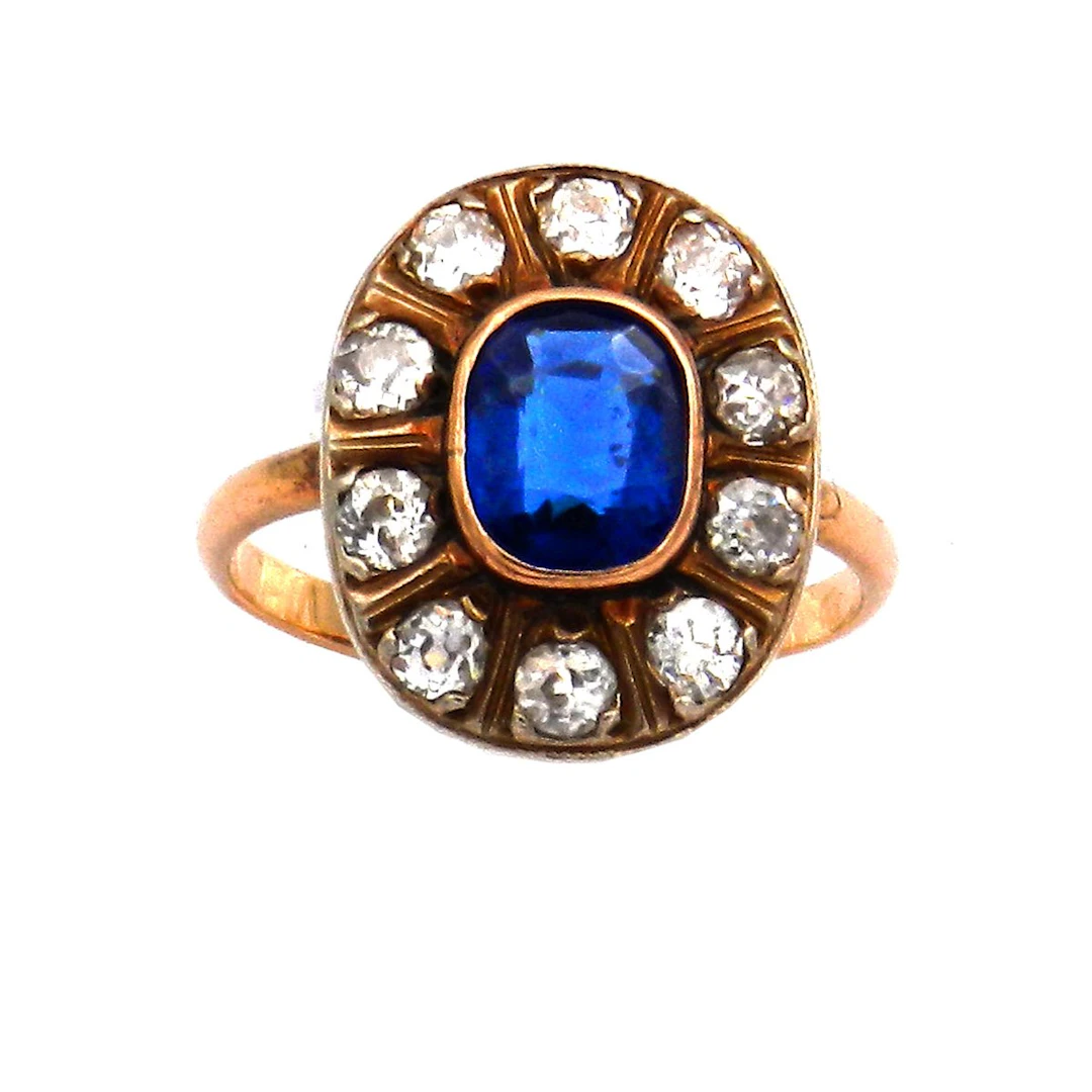 Art Deco Saphir Diamant Ring mit 1.0 ct Altschliffdiamanten in 18K Gold um 1920