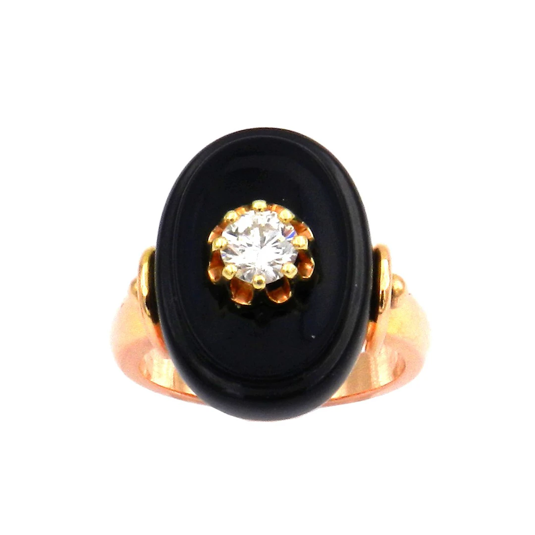 Art Deco Onyx 0.4 ct Diamant Ring in 14K Gold, um 1930
