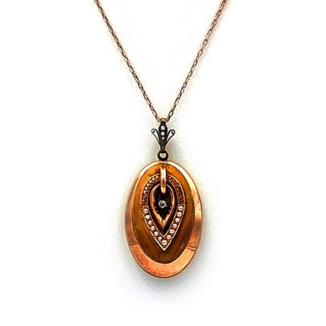 Biedermeier Medaillon Anhänger mit Diamant und Perlen in 18K Gold, um 1880