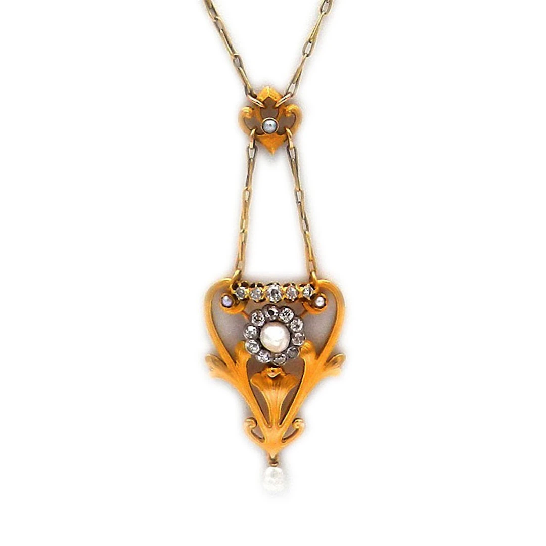 Jugendstil Perl Diamant Collier mit 0.9 ct Altschliff Diamanten in