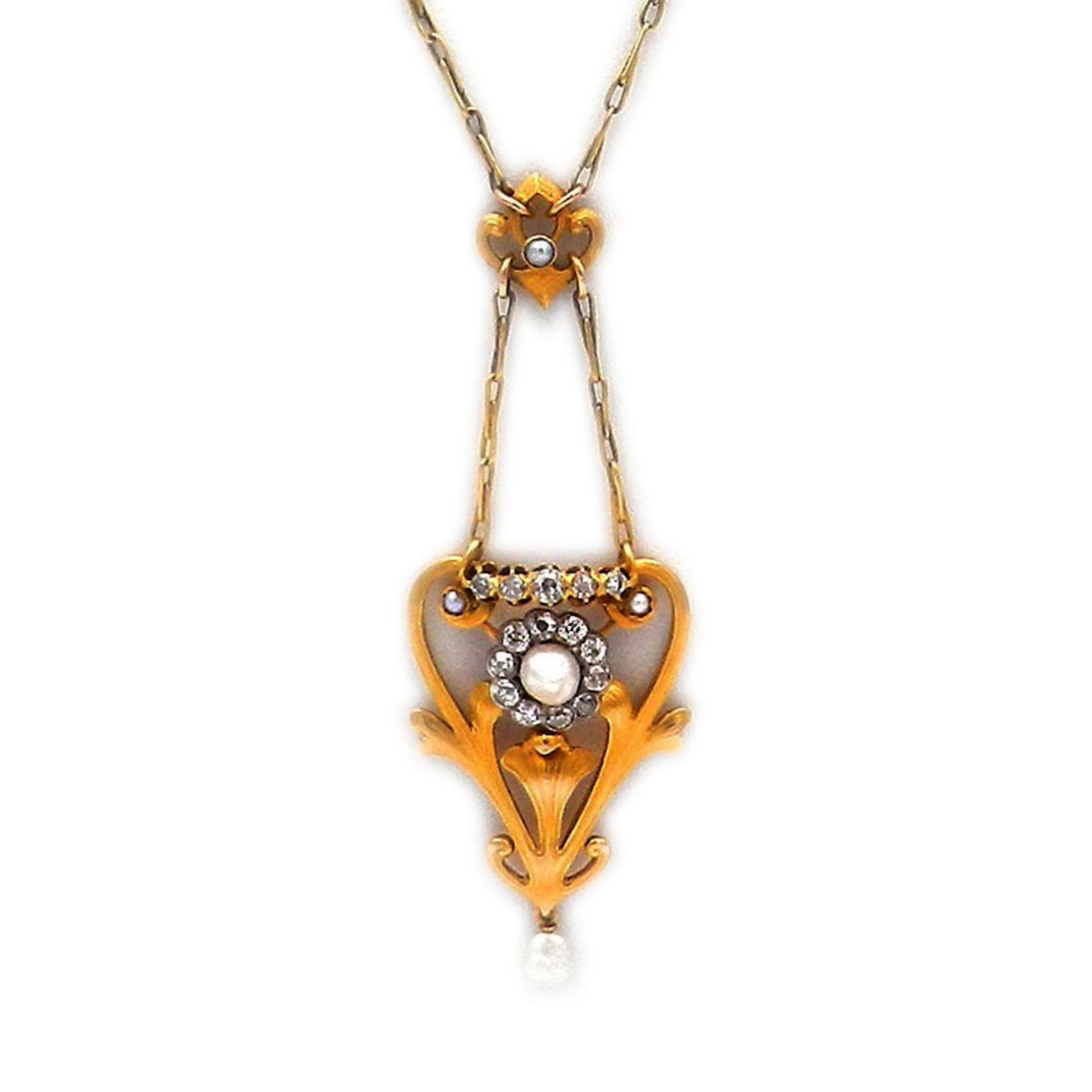 Jugendstil Perl Diamant Collier mit 0.9 ct Altschliff Diamanten in