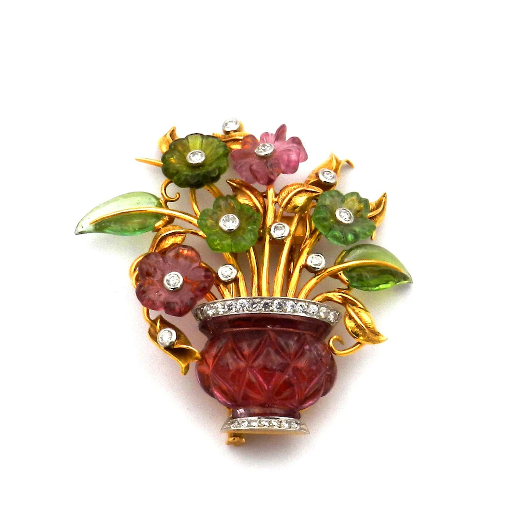 Gold Brosche als Blumenkorb mit Amethyst, Peridot und 0.42 ct Diamanten