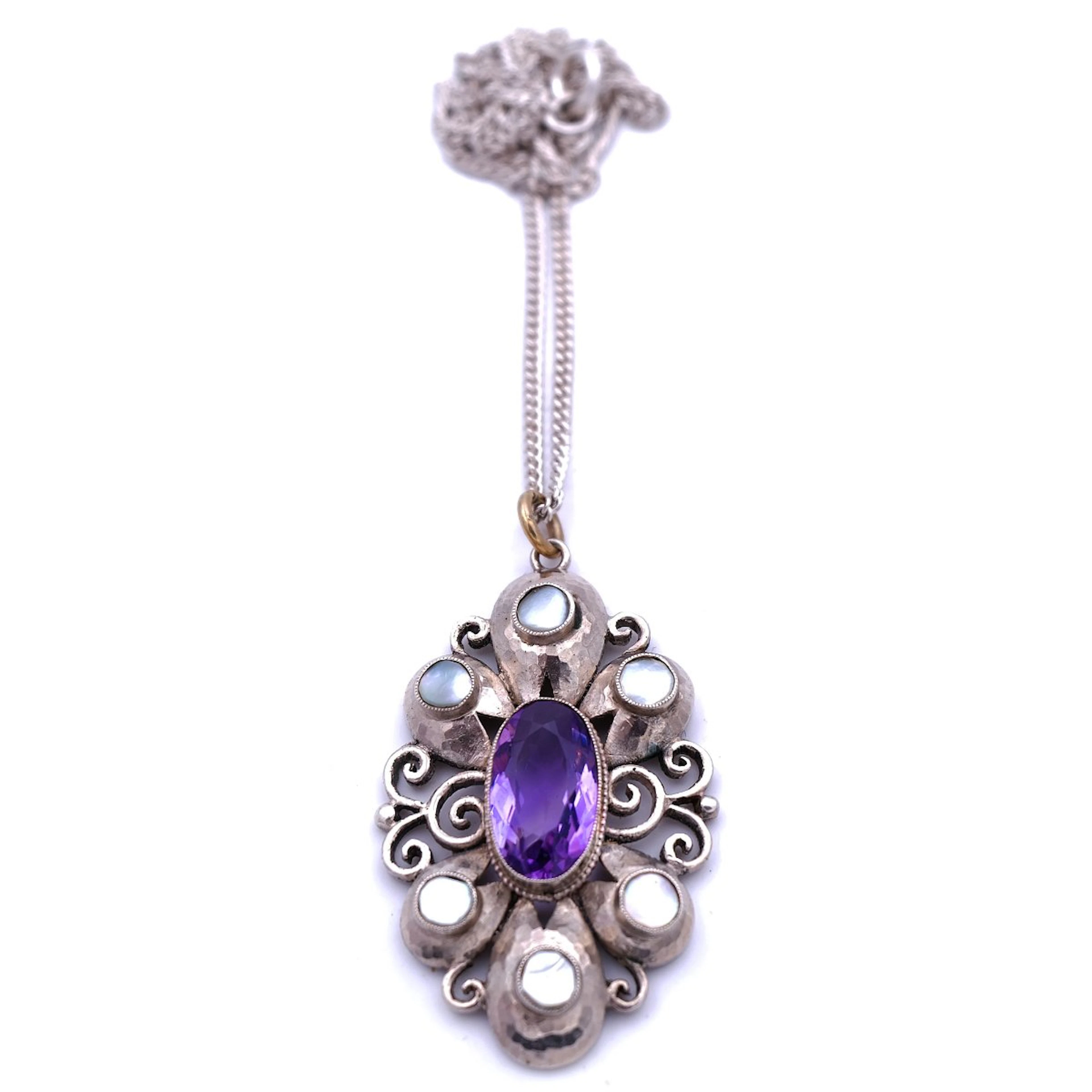 Karl Karst Jugendstil Silber Anhänger mit Amethyst und Perlmutt, Pforzheim