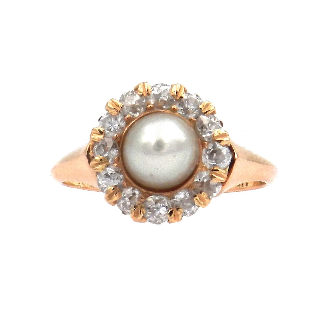 Antiker Perl Diamant Ring mit 0.84 ct Diamanten & Naturperle in 18K