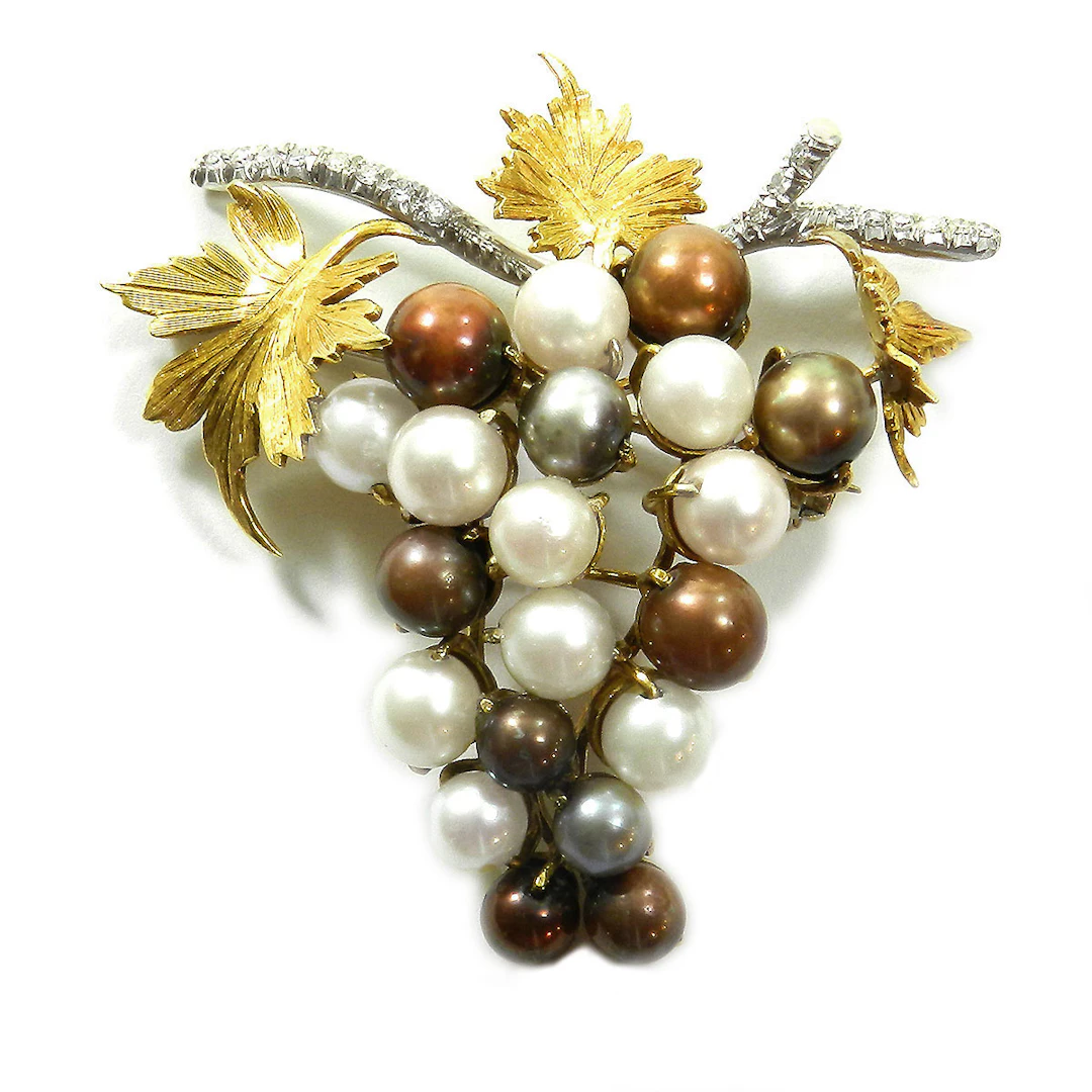 Goldene Perl Diamant Brosche „Weintraube“