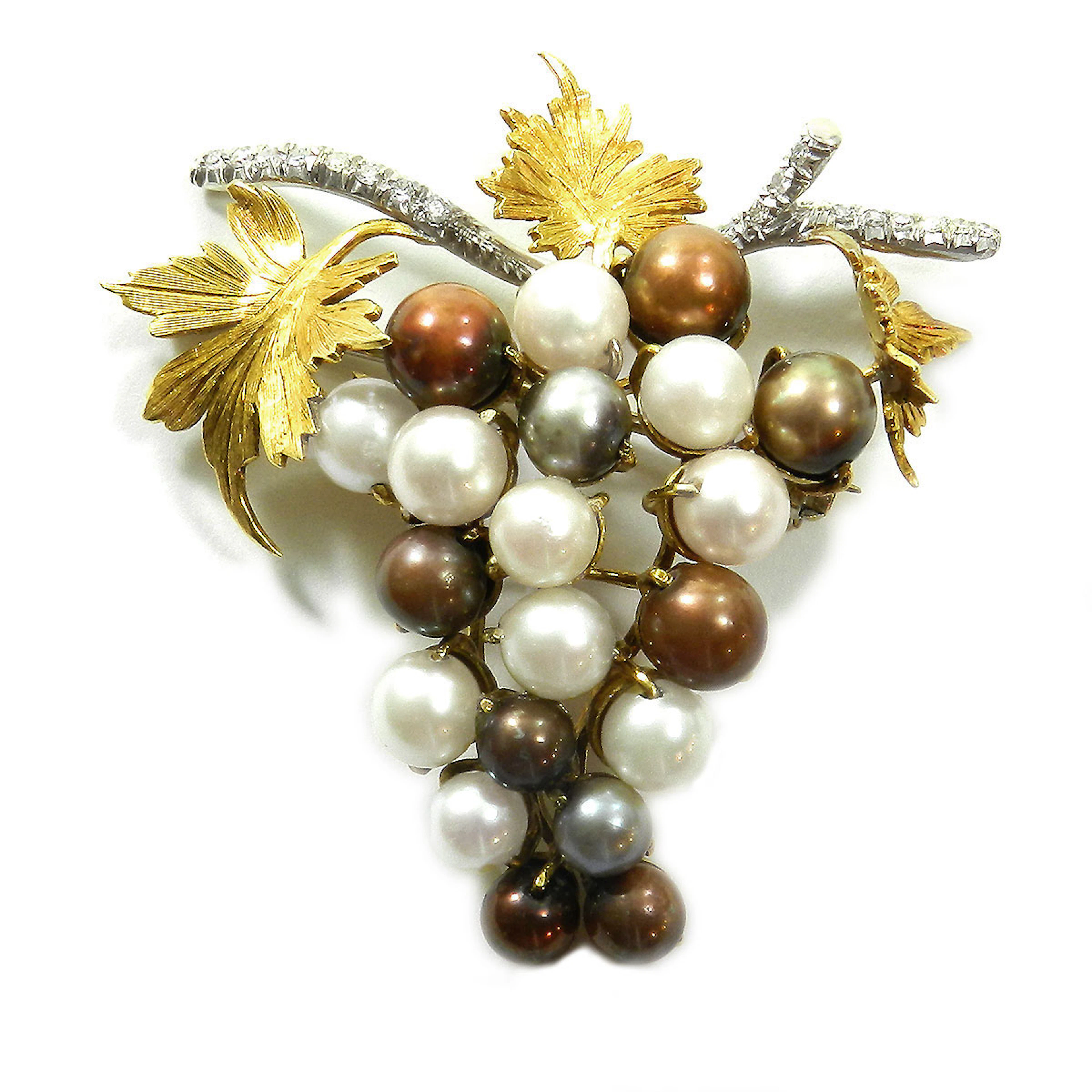 Goldene Perl Diamant Brosche „Weintraube“