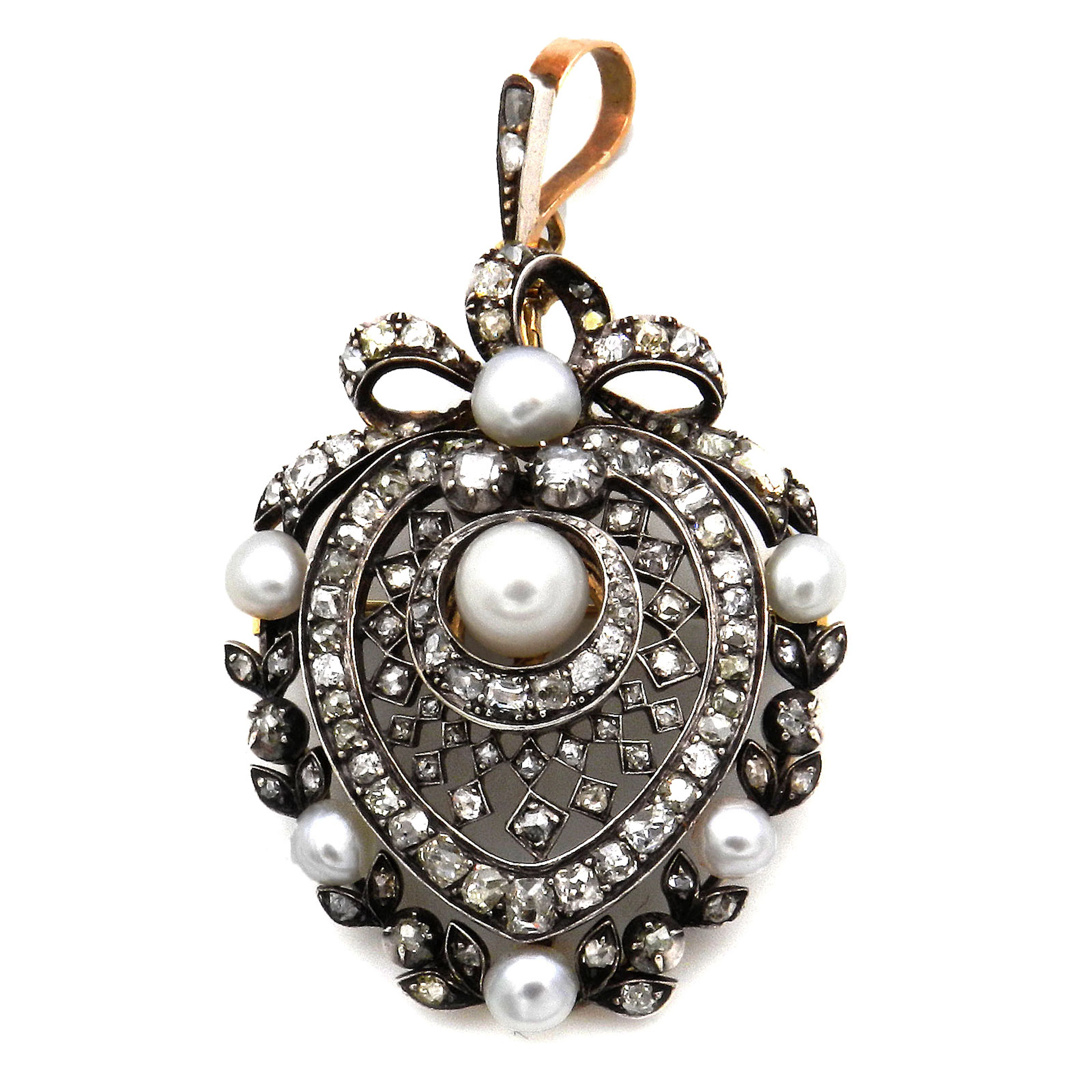 Antiker Naturperlen Diamant Anhänger als Brosche, um 1890