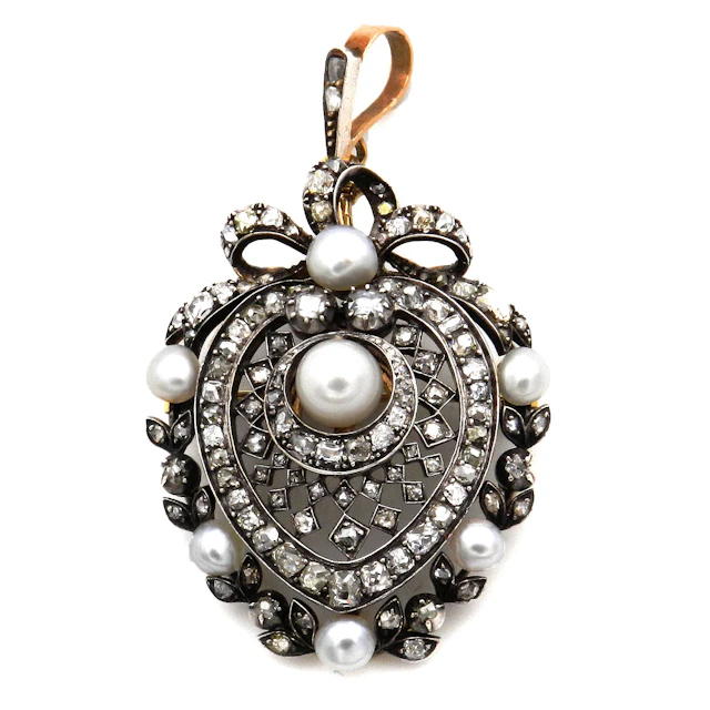 Antiker Naturperlen Diamant Anhänger als Brosche, um 1890