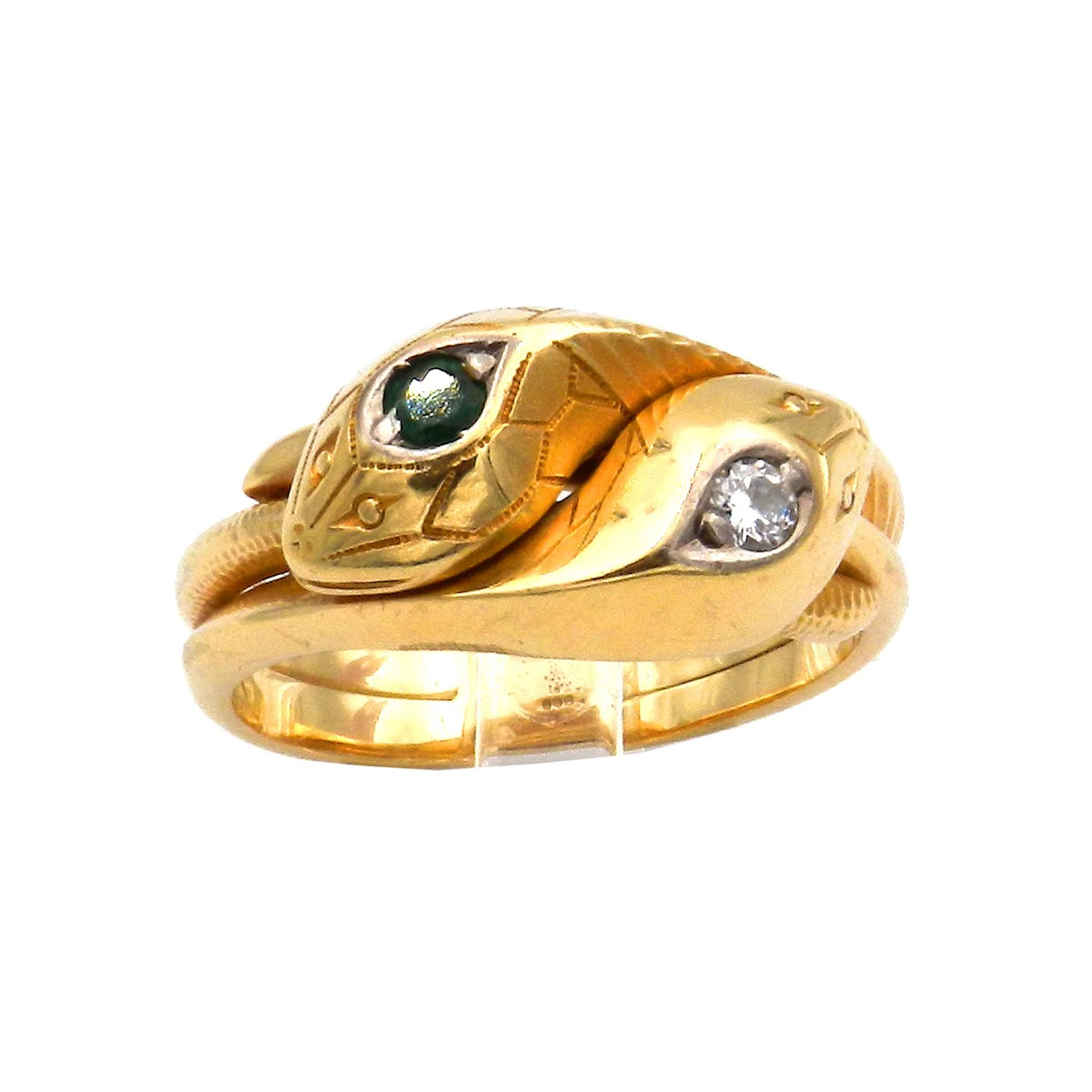 Antiker Smaragd Diamant Ring als Schlangenring in 14K Gold, um 1900