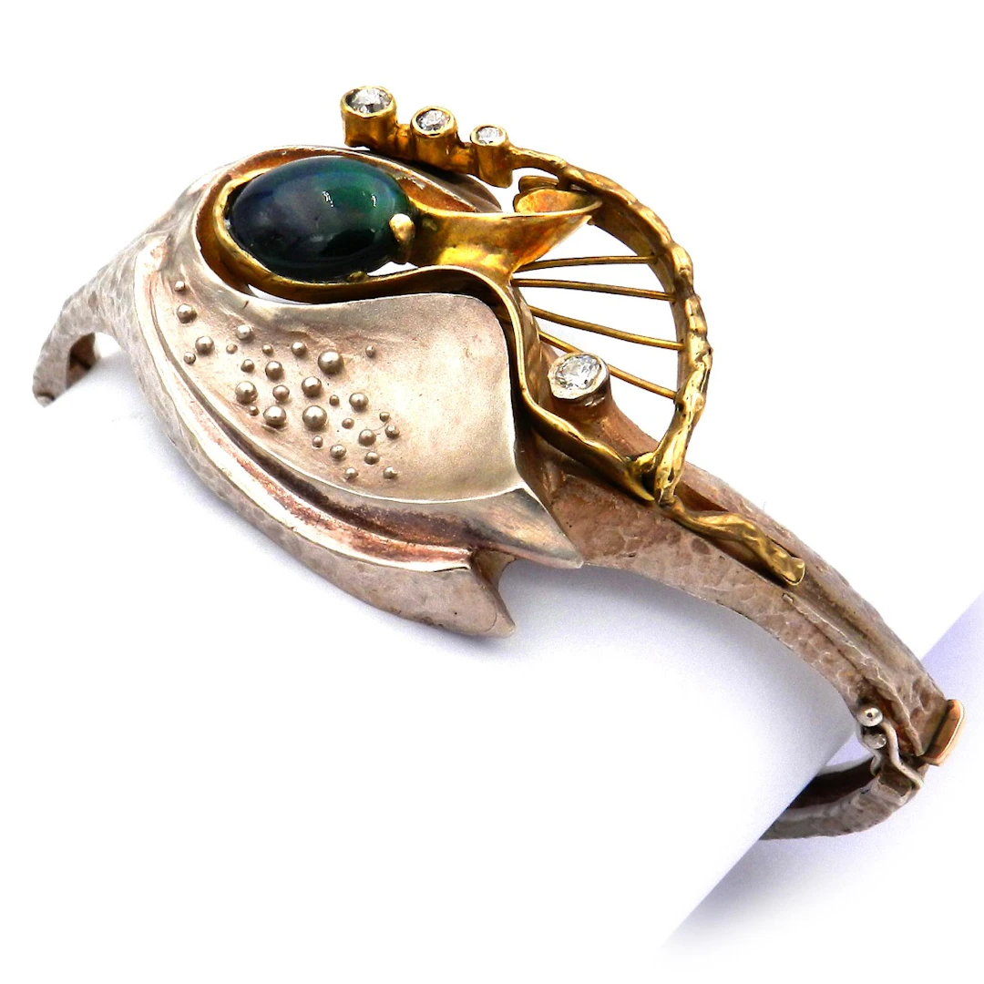 Designer Opal Diamant Armreif mit 0.28 ct Brillanten in 14K Gelbgold