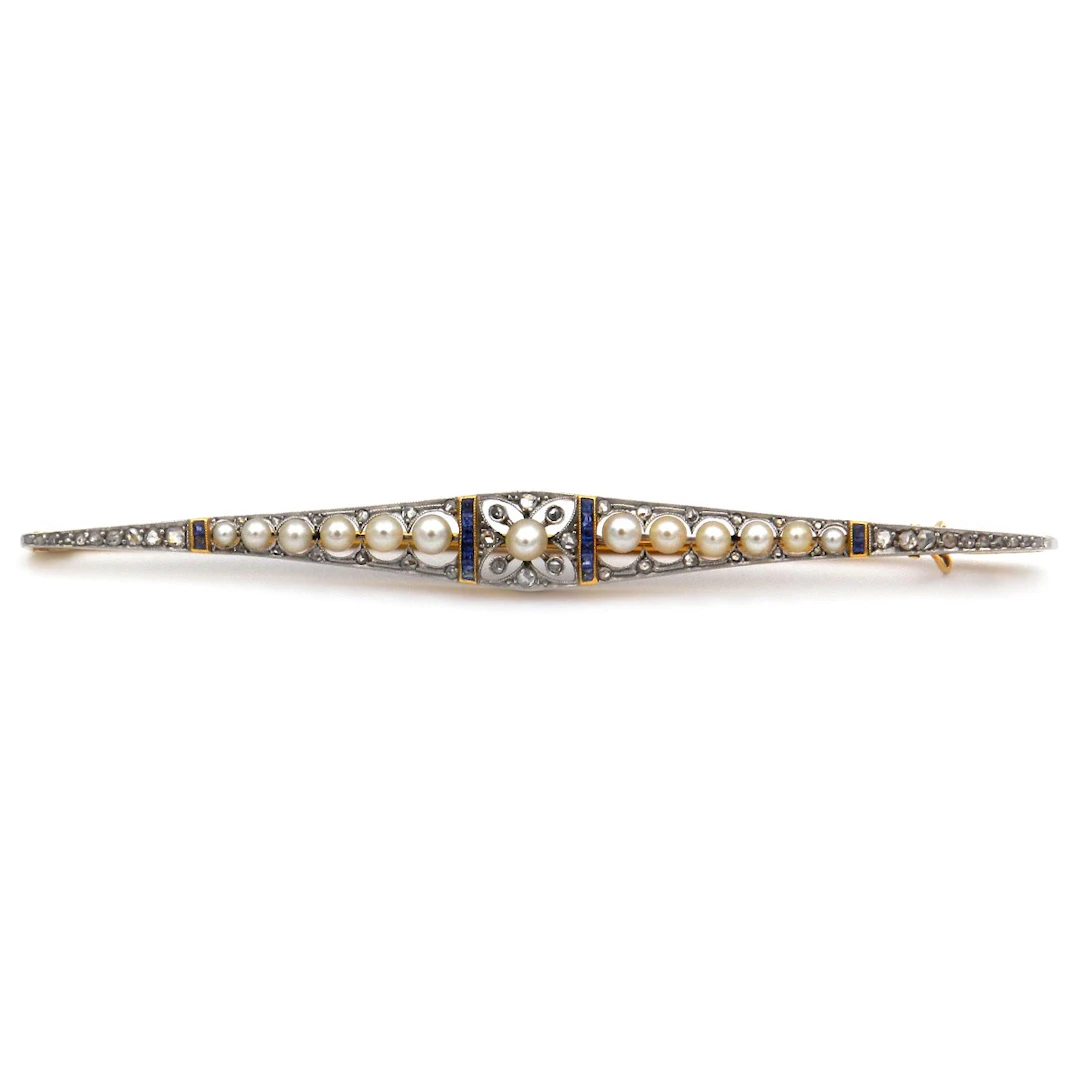 Art Deco Perl Diamant Brosche mit Saphiren als Stabnadel in 18K Gold