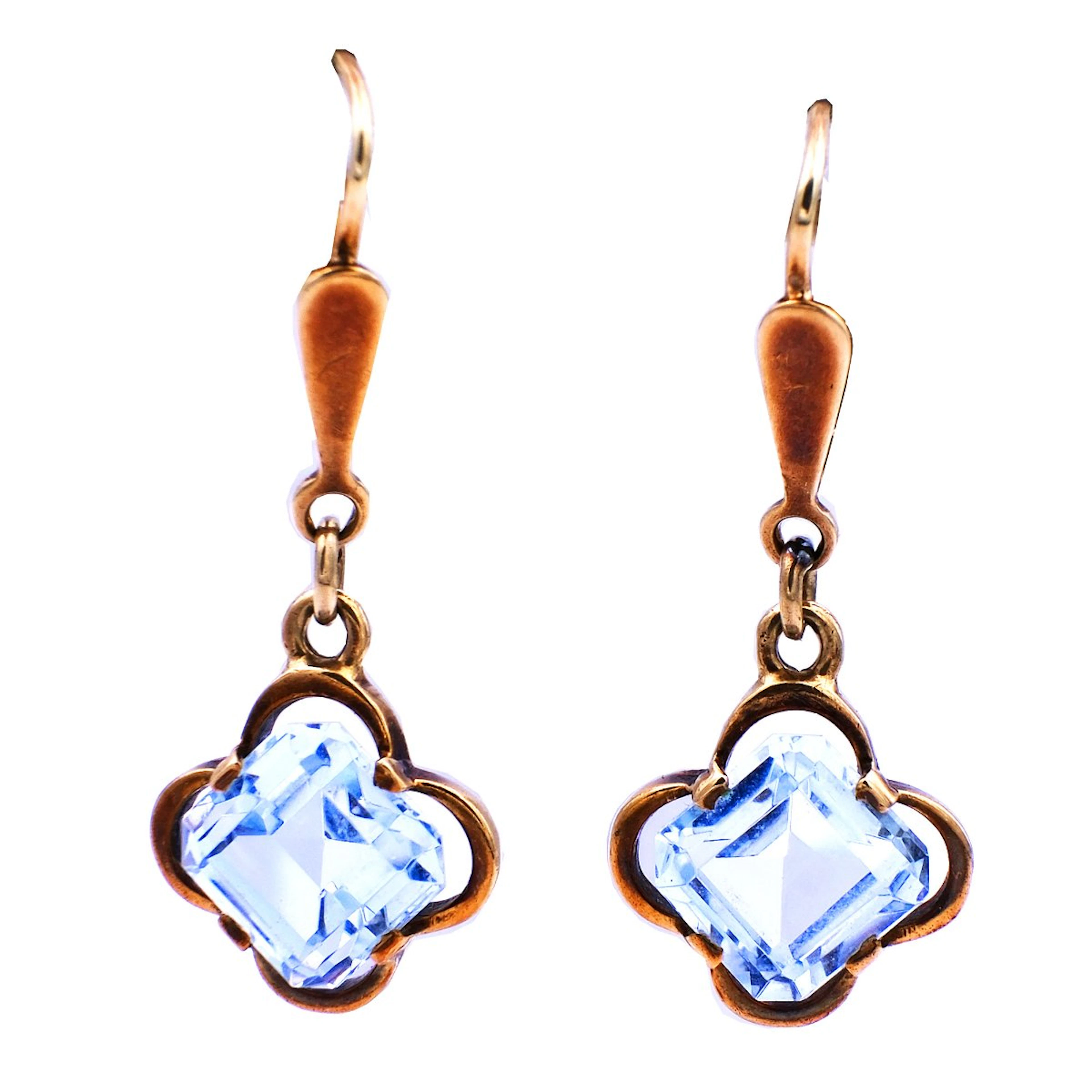 Art Deco Aquamarin Ohrringe 14K Gold um 1930