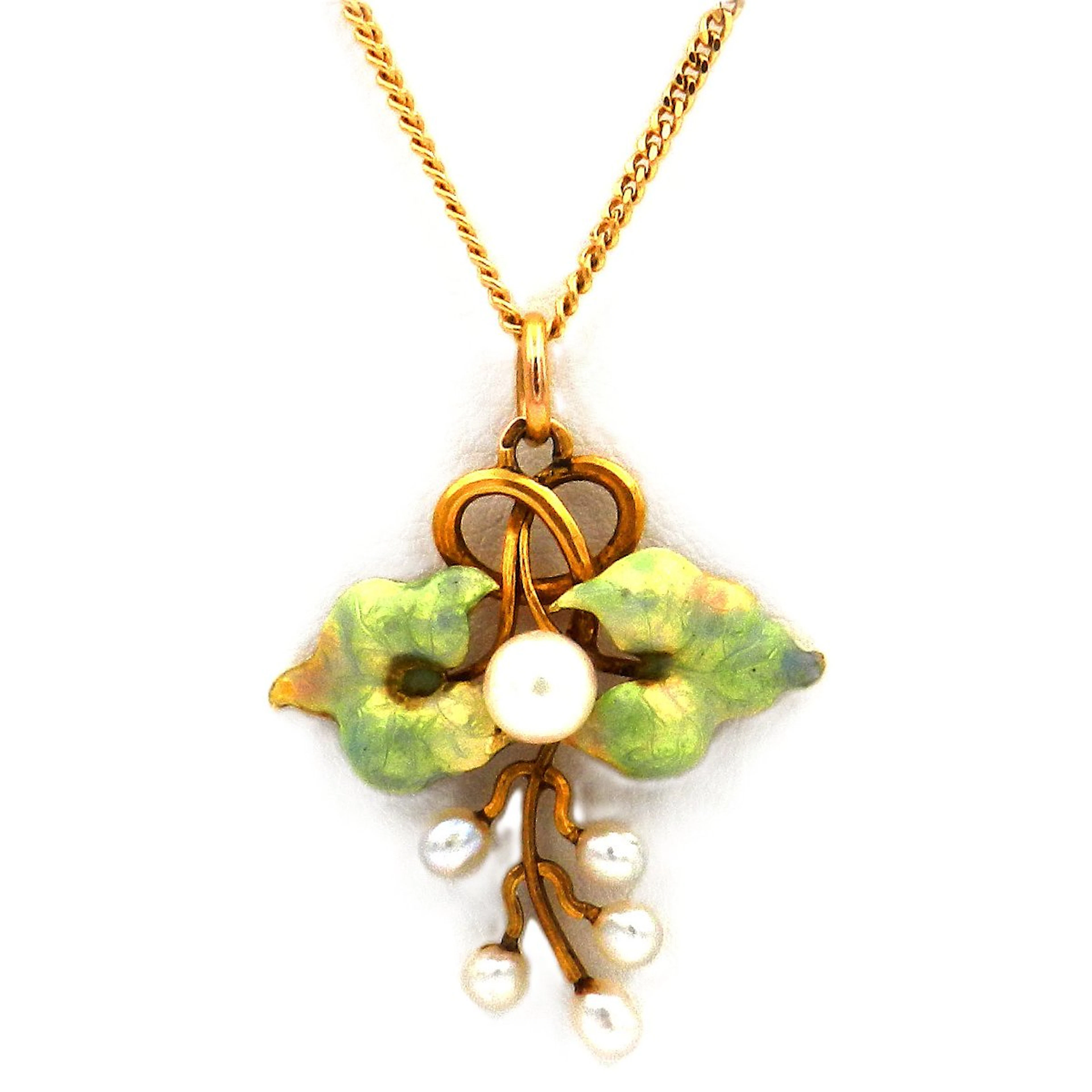 Jugendstil Emaille Anhänger als Blatt mit Perlen in 14K Gold um 1900