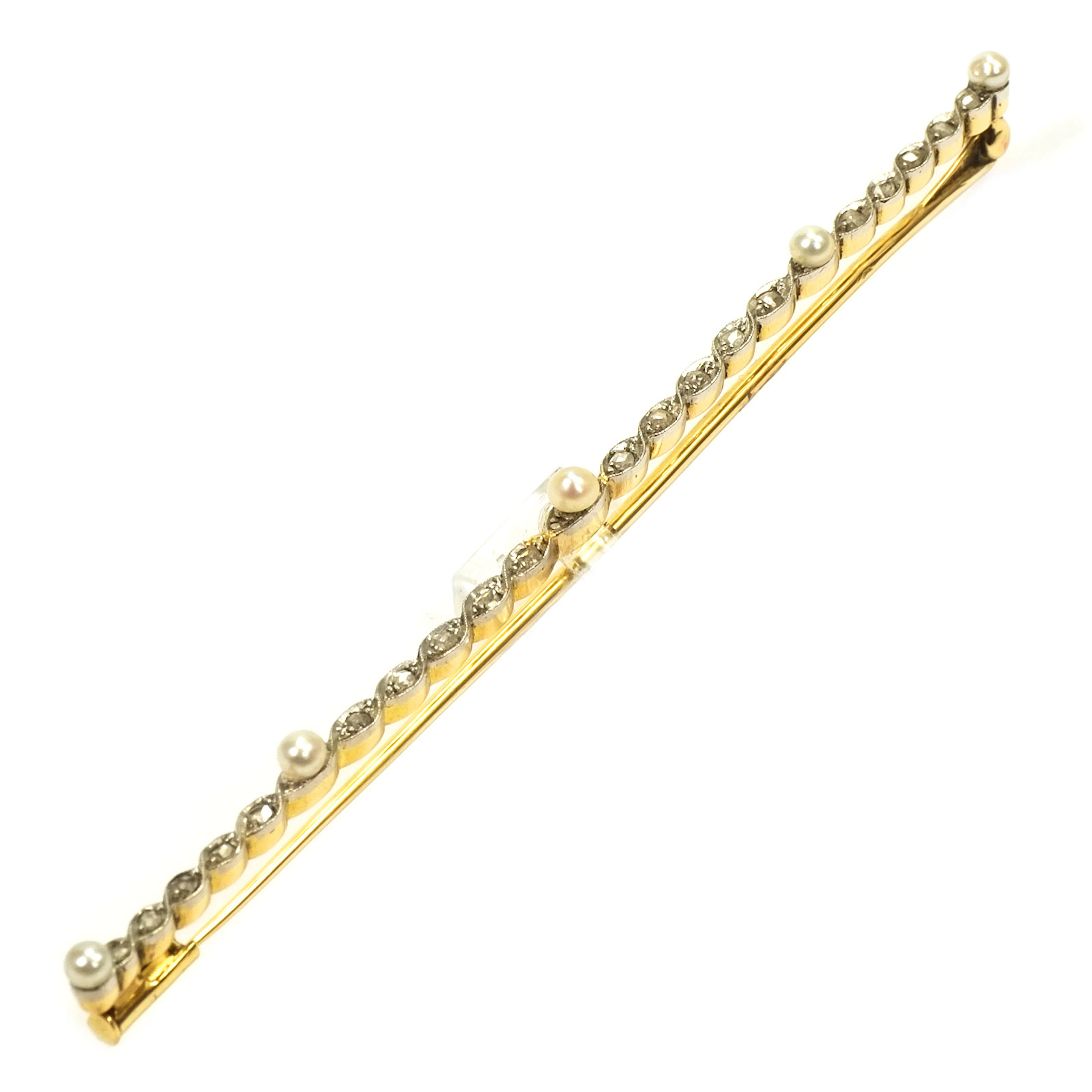 Antike Brosche als Stabnadel mit Orientperlen und Diamanten, um 1910