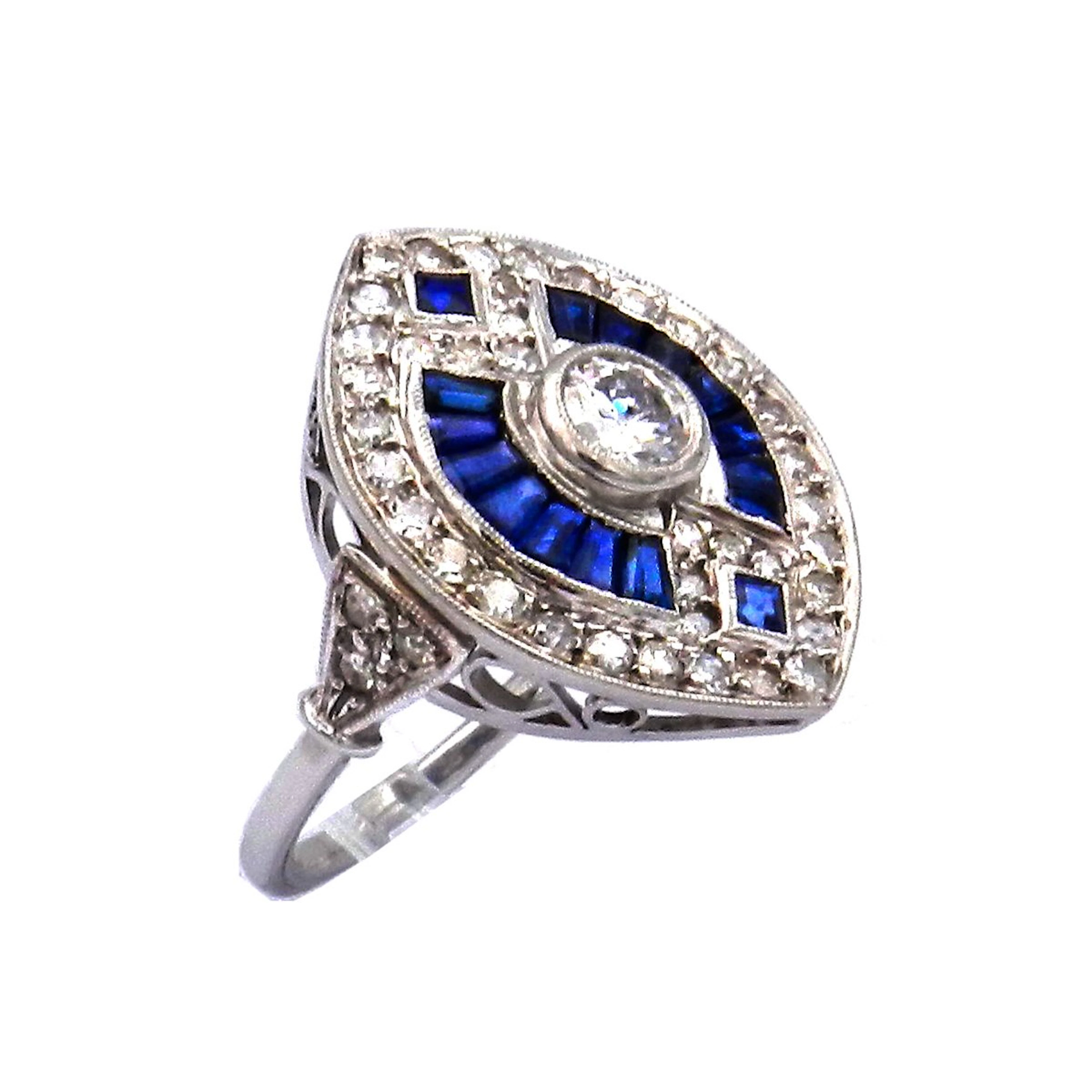 Saphir 1ct Diamant Ring im Art Deco Stil aus 18K Weißgold