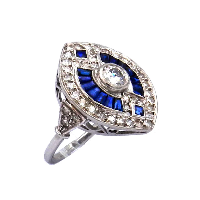 Saphir 1ct Diamant Ring im Art Deco Stil aus 18K Weißgold