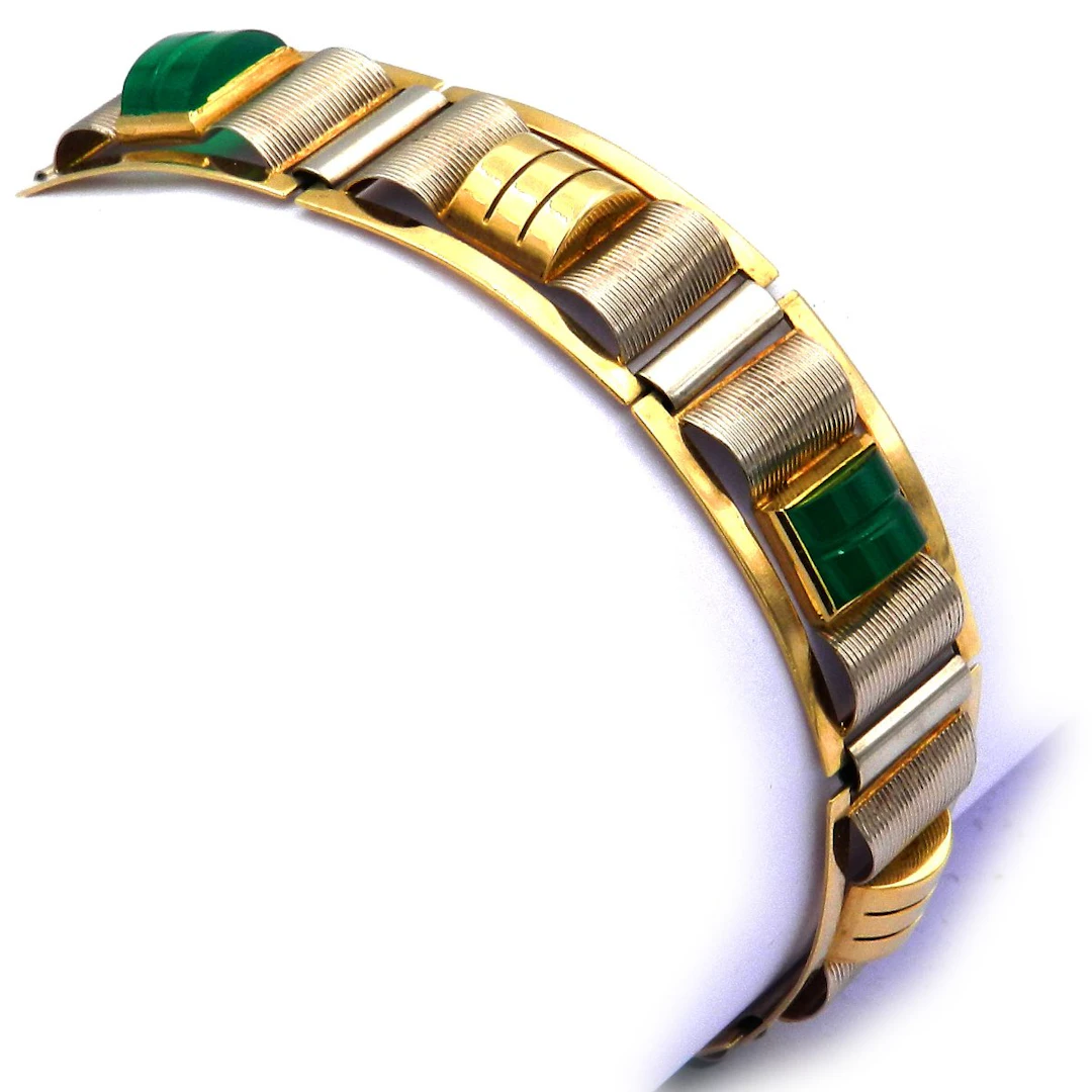 Art Deco Gold Armband mit Chrysoprasen in 14K Bicolor Gelb- und Weißgold