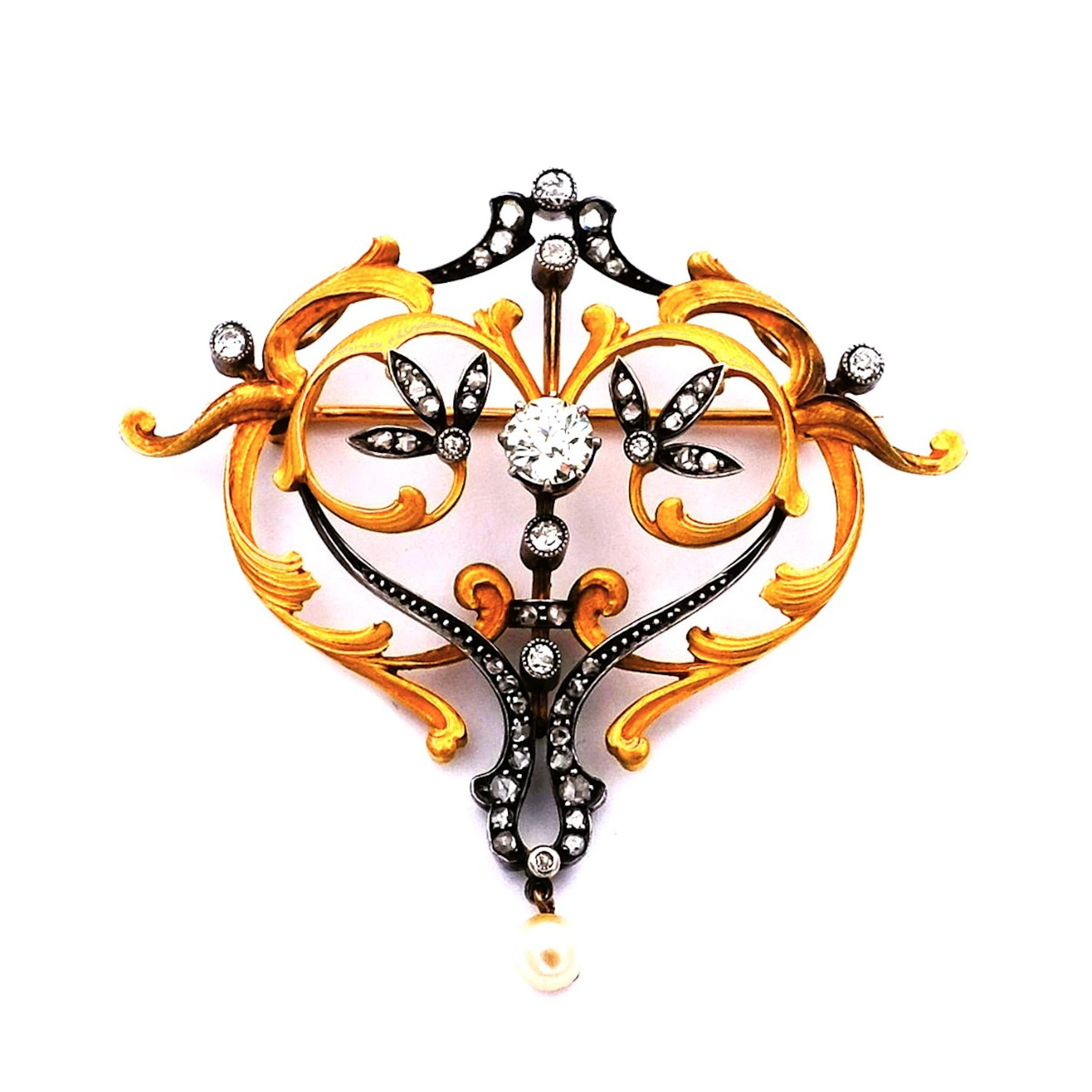 Jugendstil 1.2ct Diamant Brosche in18K Gold mit Orientperle, um 1900