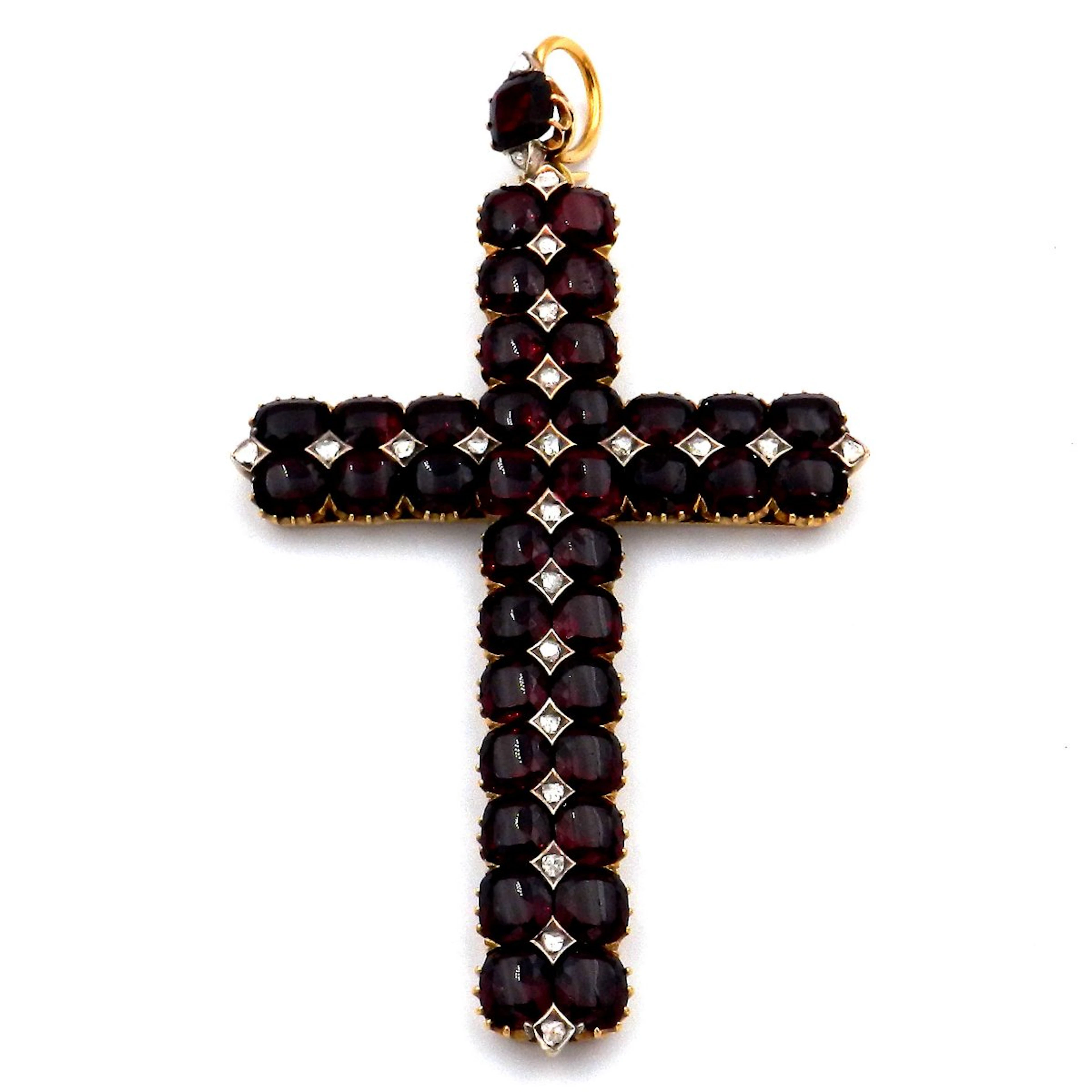 Antikes Granat Diamant Kreuz als Anhänger in 18K Gold Wien um 1870