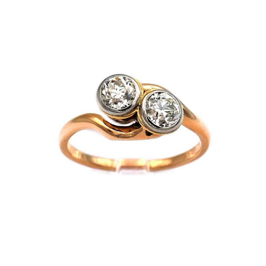 Jugendstil 1 ct Diamant Ring „Toi et Moi“ in 14K Gold und Platin um 1910