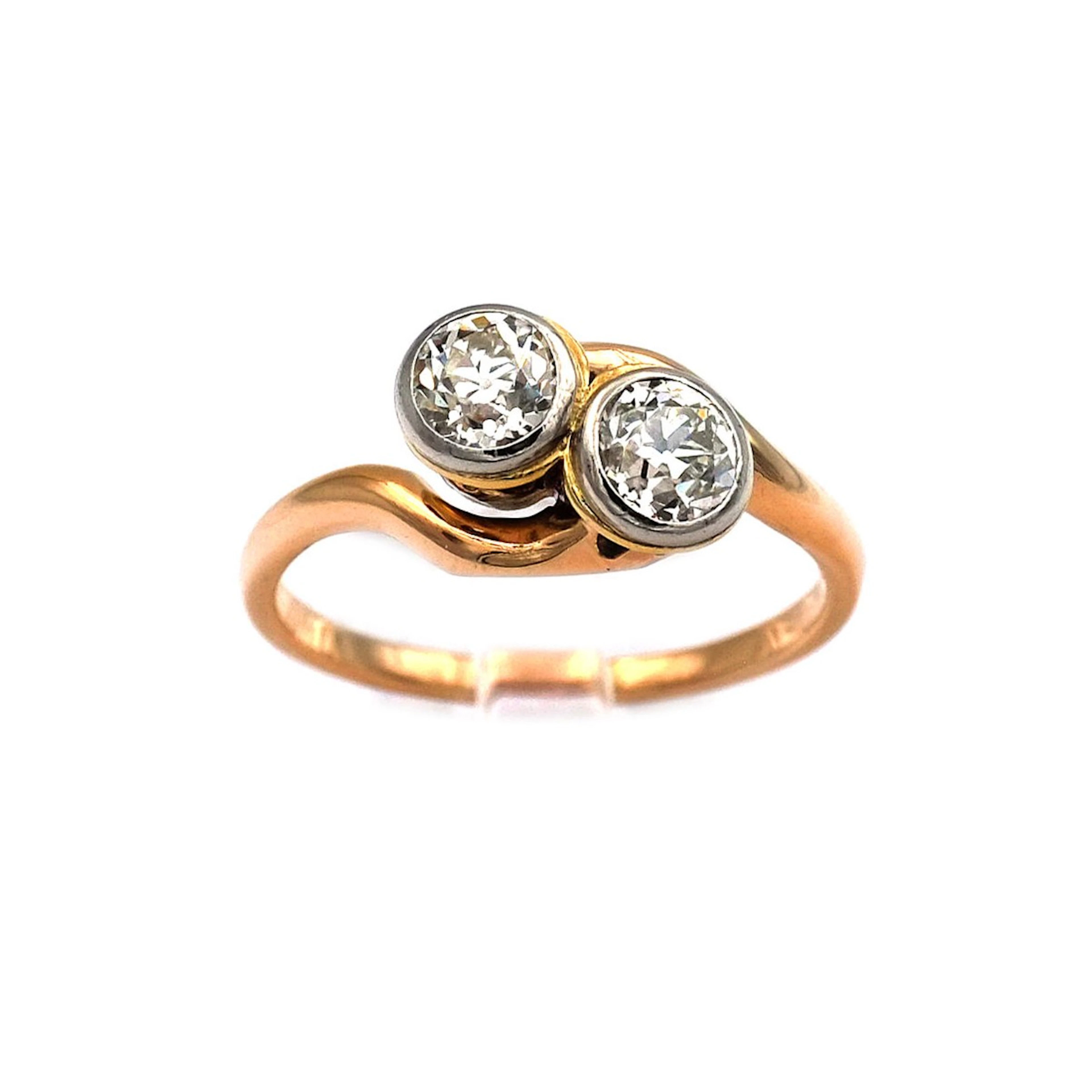 Jugendstil 1 ct Diamant Ring „Toi et Moi“ in 14K Gold und Platin um 1910
