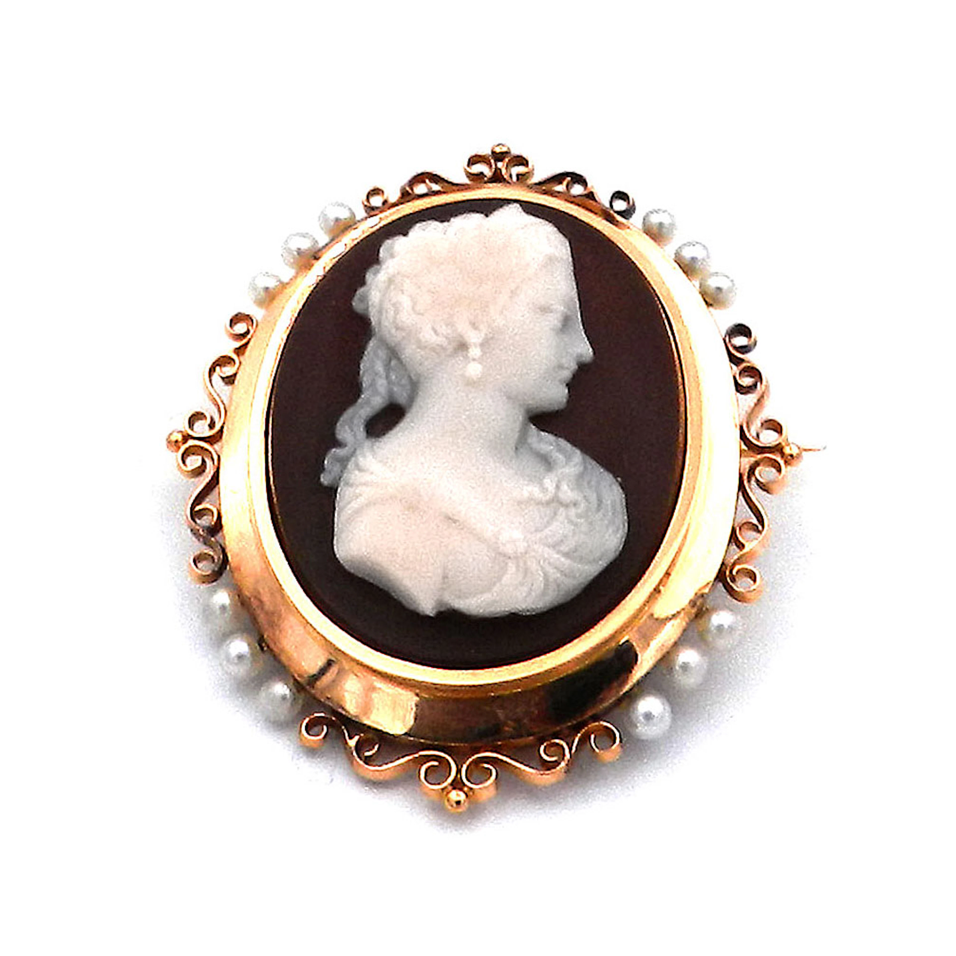 Antike Achat Kameen Brosche – Gemme in 14K Gold mit Perlen, um 1870