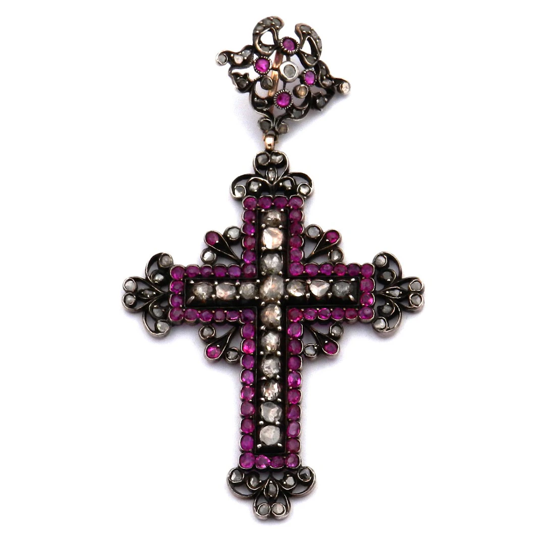 Antiker Kreuz Anhänger mit Diamanten und Rubinen in Silber und 14K Gold um 1880