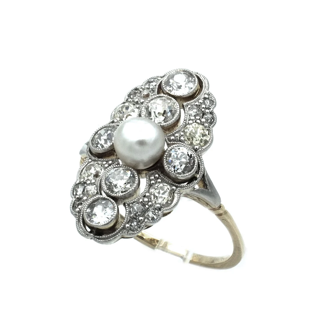 Art Deco Perl Diamant Ring mit 1.5 ct Diamanten, um 1915