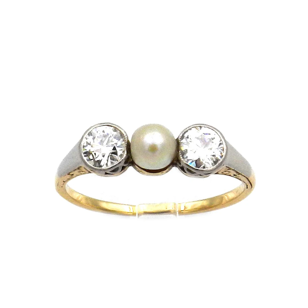 Antiker Perl Diamant Ring mit 0.8 ct Diamanten in 14K Gold und Platin, um 1930