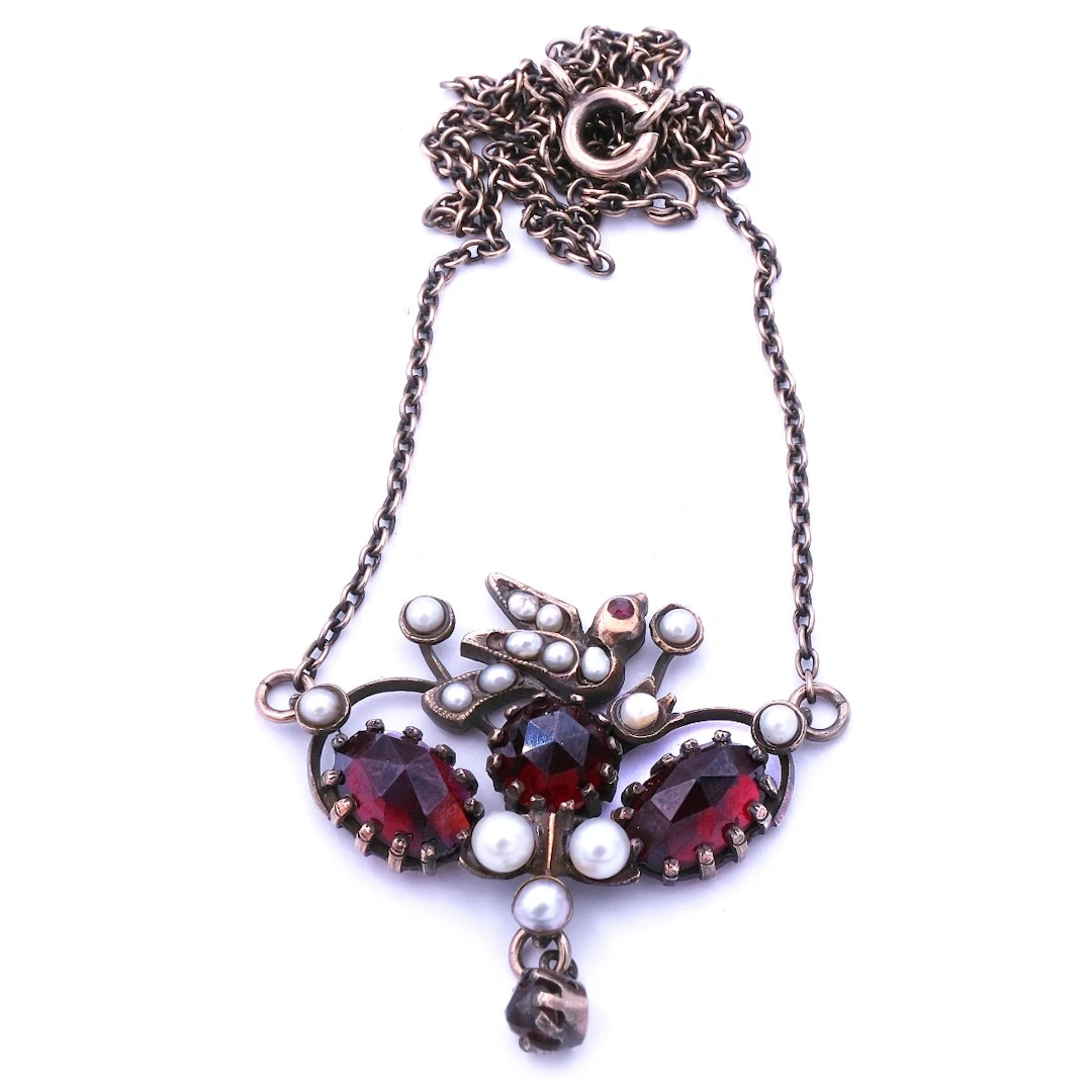Granatcollier mit Orientperlen – Granatkette aus 925 Silber, um 1930