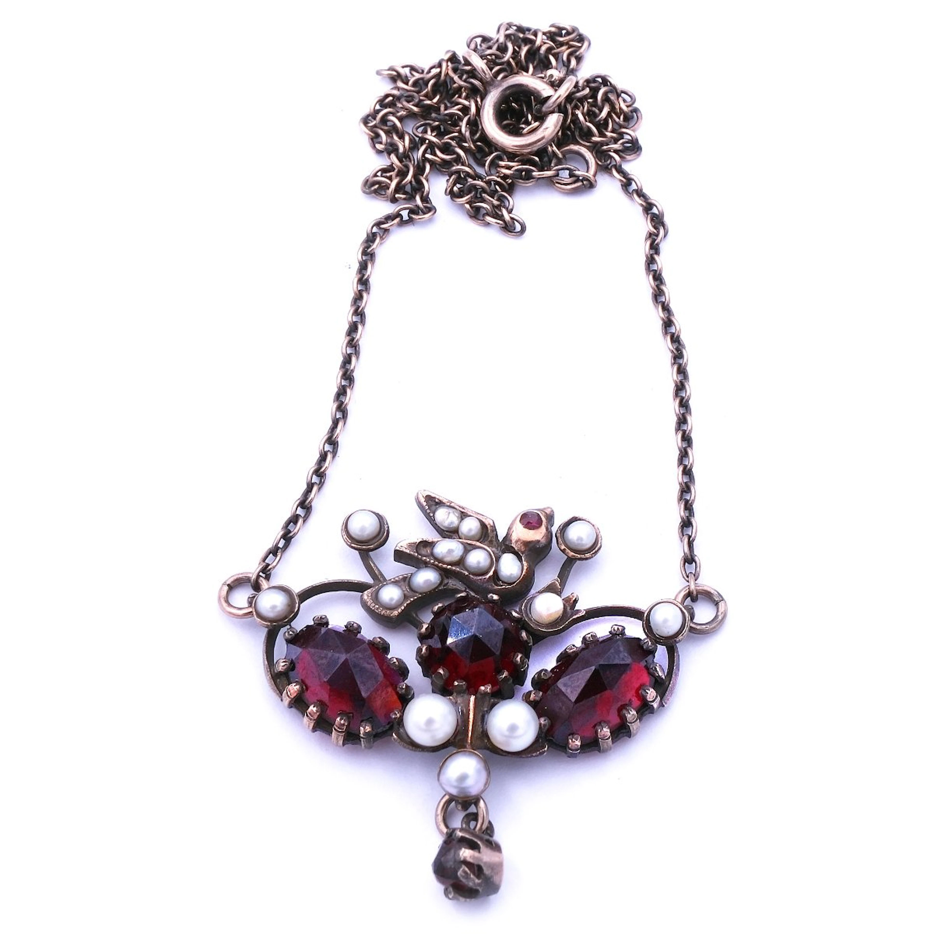 Granatcollier mit Orientperlen – Granatkette aus 925 Silber, um 1930