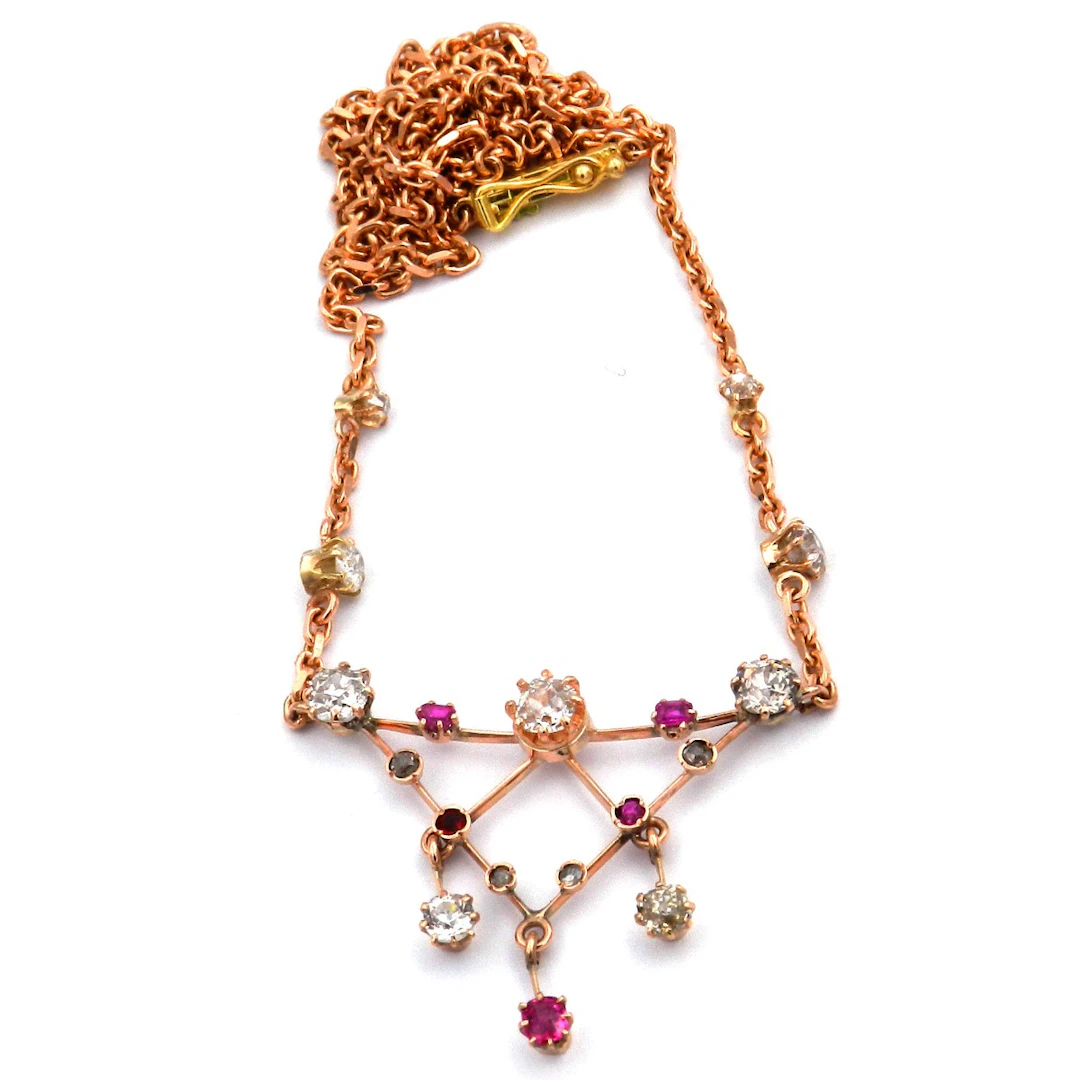 Jugendstil Rubin 1.5 ct Diamant Collier in 14K Gold um 1915