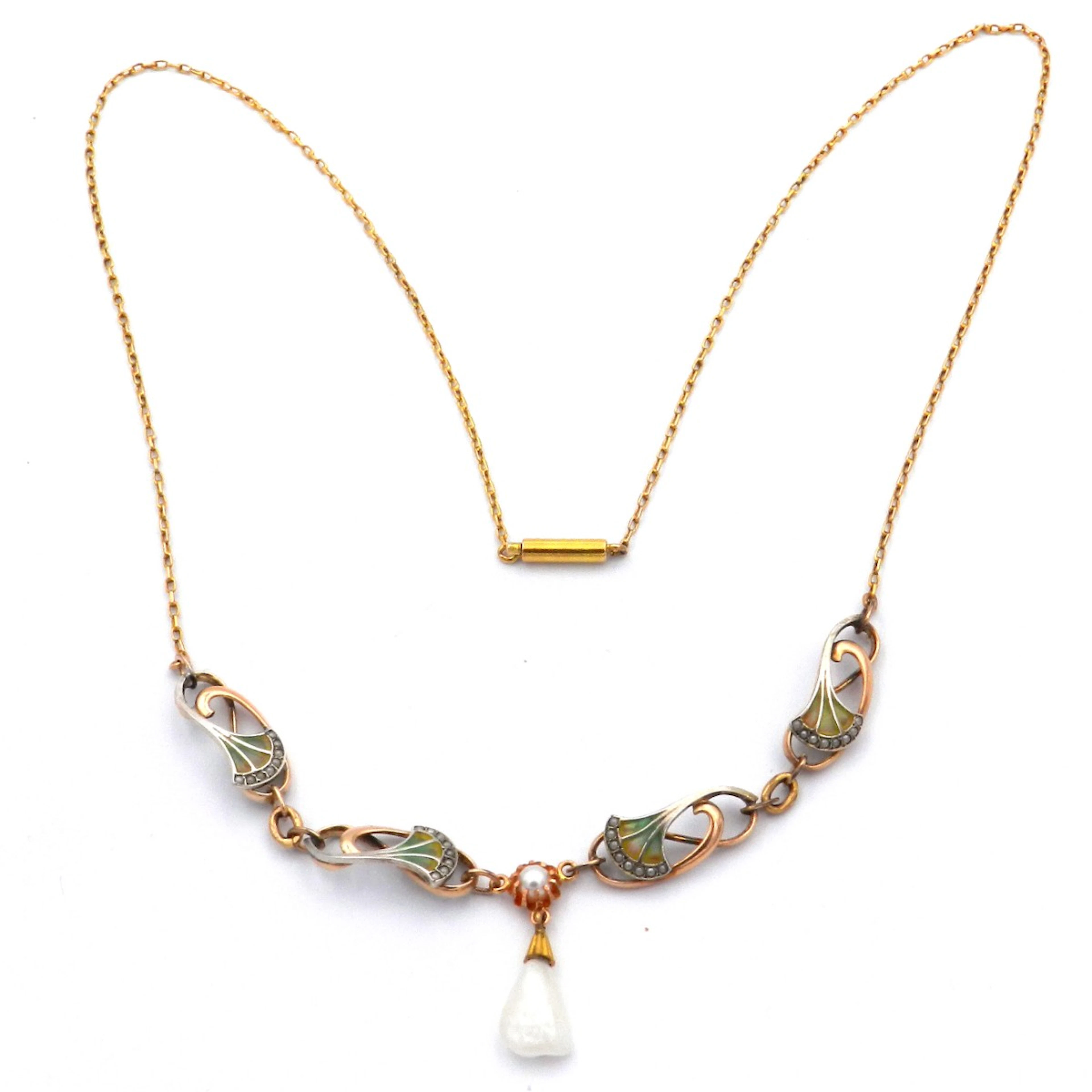 Jugendstil Plique à Jour Collier mit Fensteremaille in Gold und Silber
