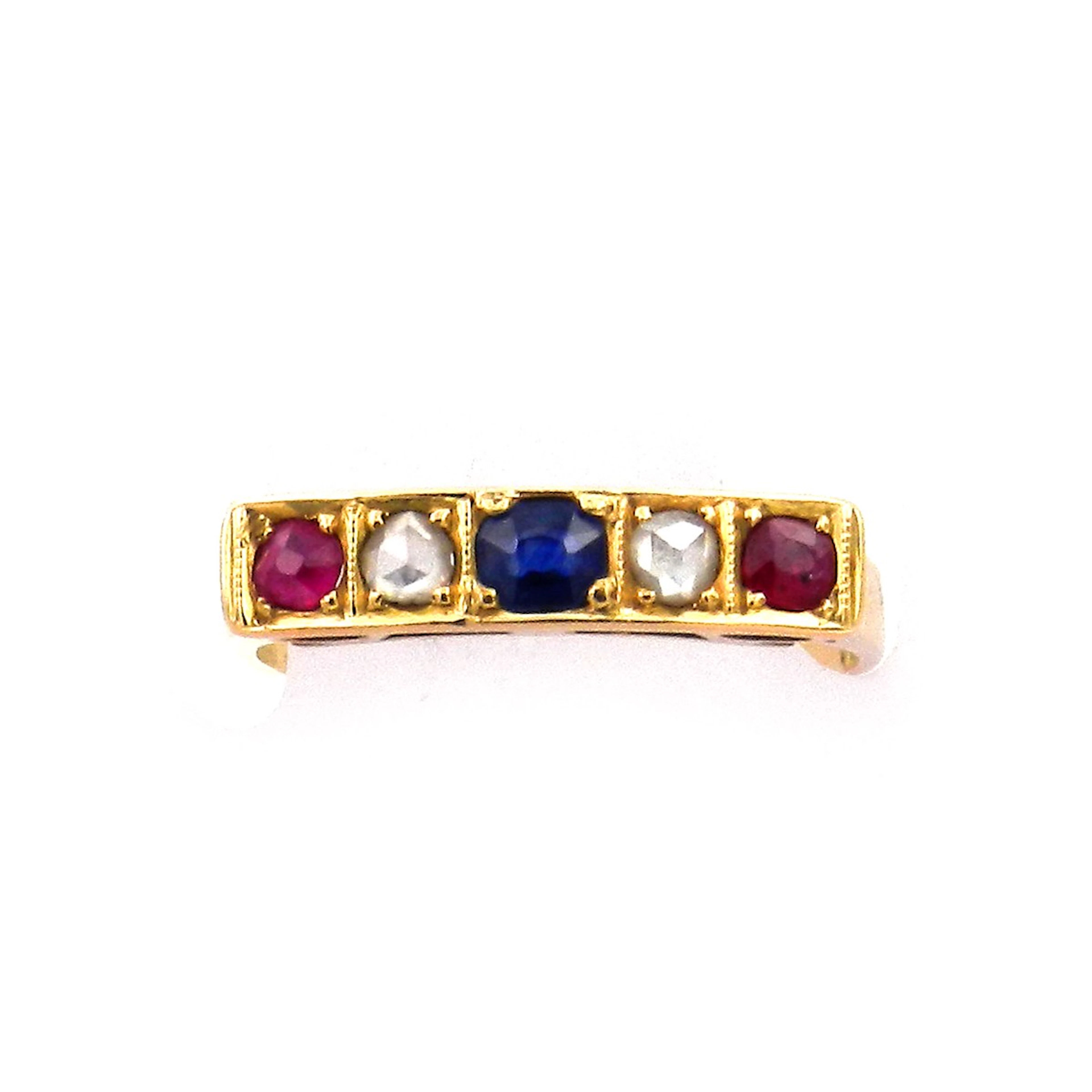 Art Deco 14K Goldring als Five Stone Ring mit Rubinen Diamanten und Saphir