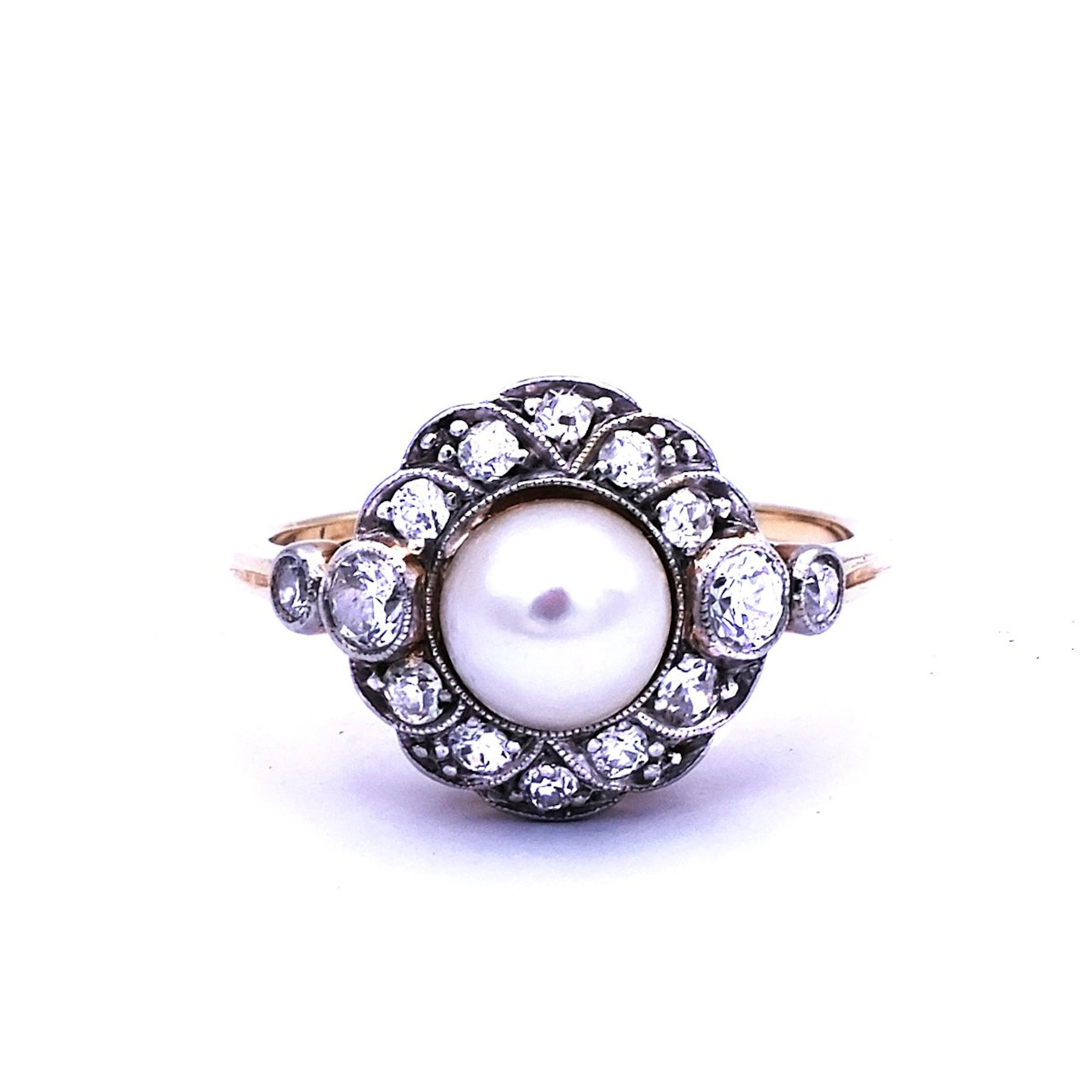 Antiker Perl Diamant Ring mit 0.46 ct Diamanten & Perle in 14K Gold