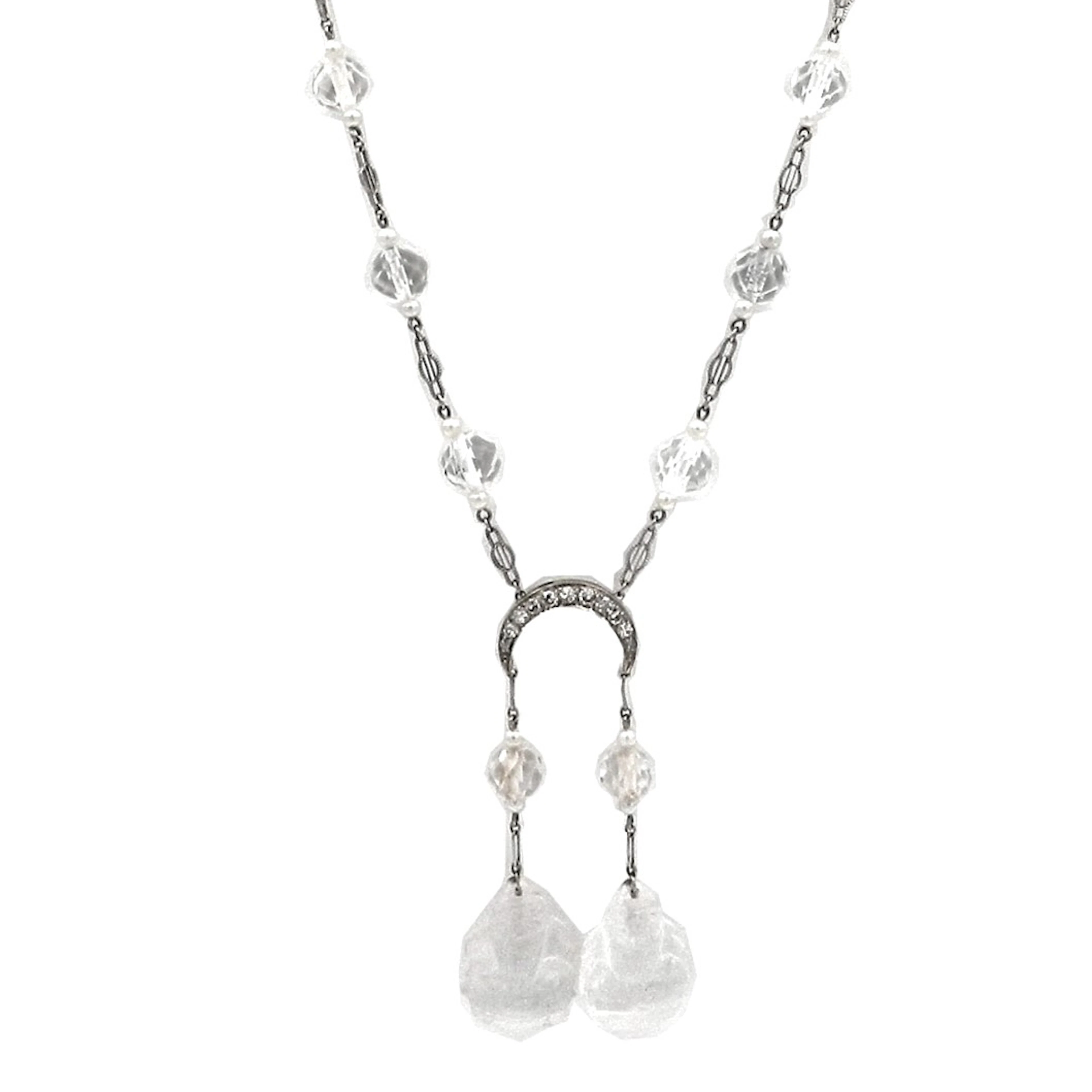 Art Deco Lavalière Diamant Collier mit Perlen und Bergkristall Buddhas