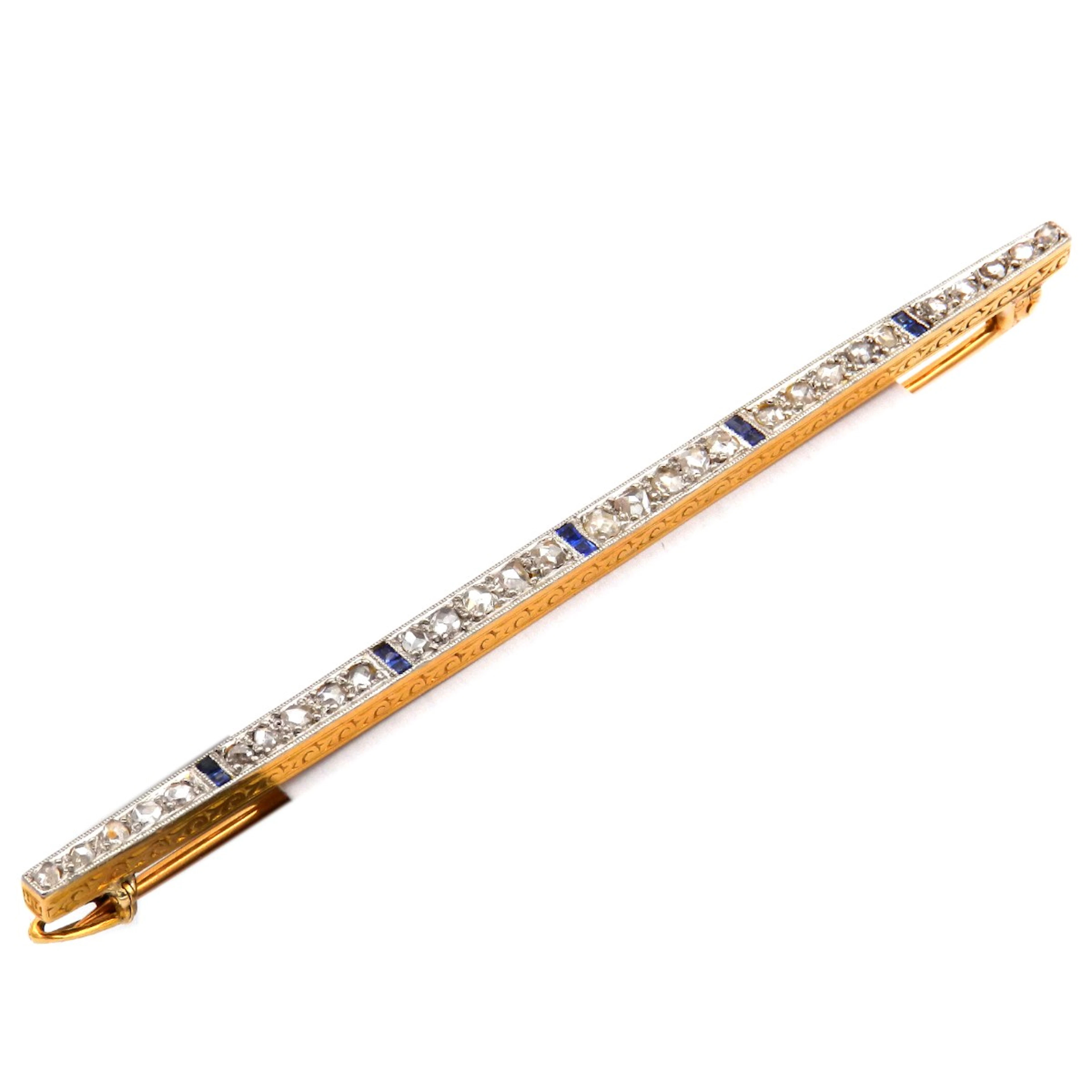 Art Deco Saphir Diamant Brosche als Stabnadel in 18K Gold, Paris um 1920
