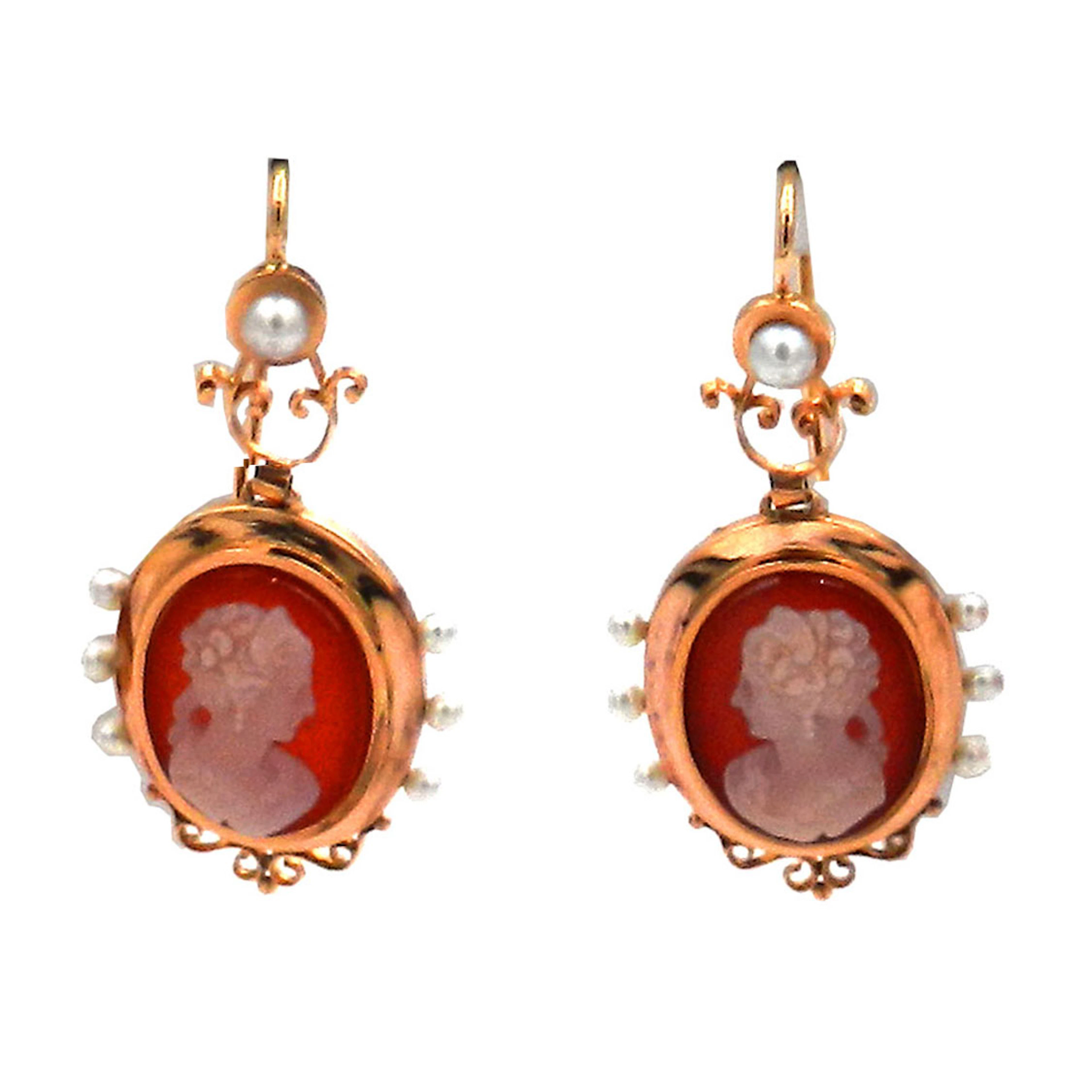 Antike Achat Kameen Ohrringe – Gemmen in 14K Gold mit Perlen, um 1870